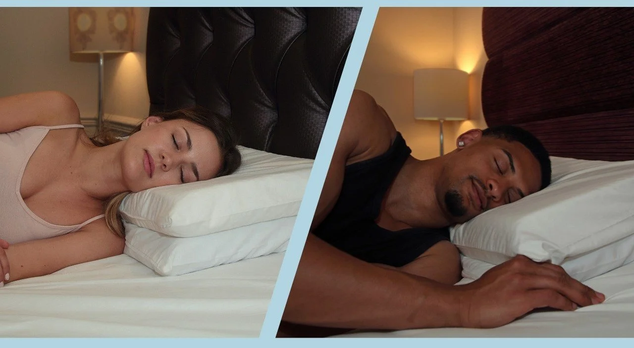 People sleeping on pillows so that pillow height matches their shoulder width