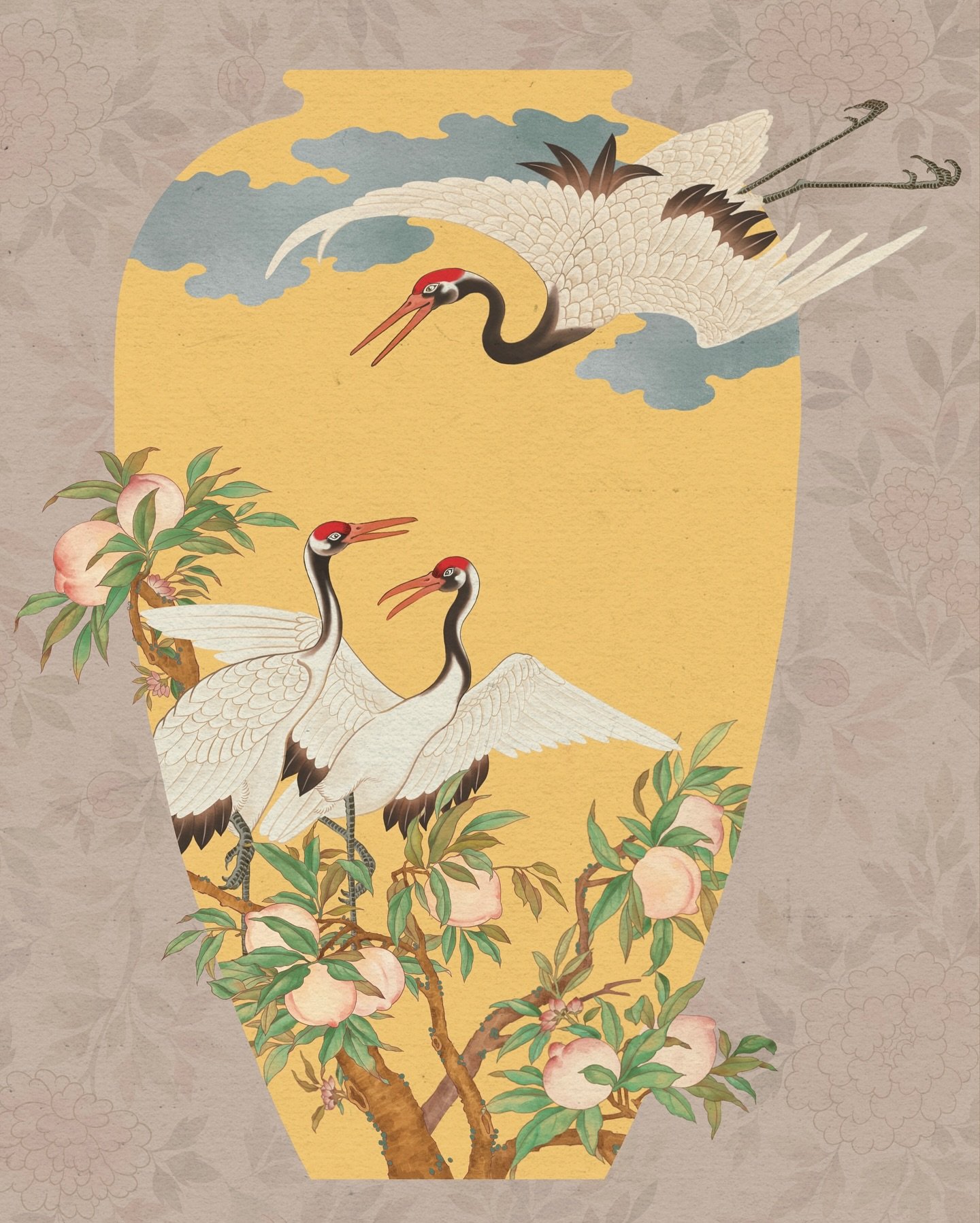 💛🧡New print &mdash; 
Inspired by Korean folk art, featuring a crane and peaches.
A quiet wish for warmth, longevity, and timeless peace is woven into every detail.

Printed on Hanji, beautiful paper made from mulberry.
Available in A3, A2 size.