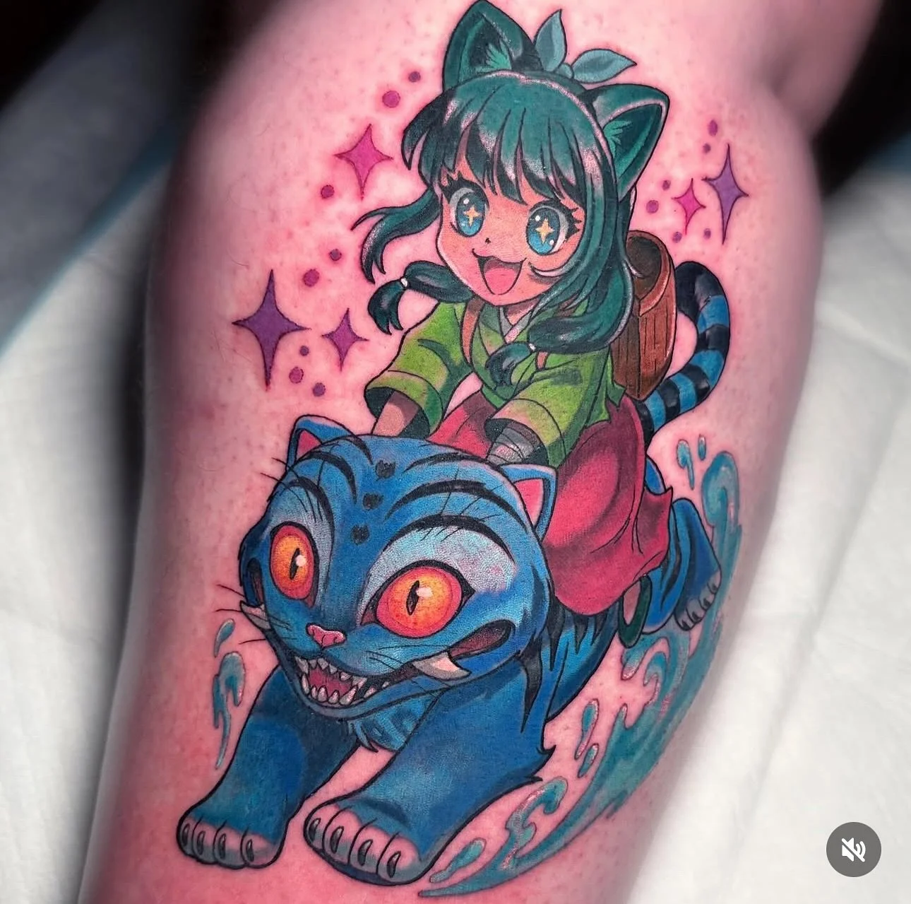 Maomao &amp; Derpy together in this cross-over banger by @emmaegantattoo! 🙌👹🐱 Contact Emma directly for all bookings &amp; enquiries
 
#brisbanetattoo #savepointtattoo #animetattoo #maomao #derp #kpopdemonhunters #tattoo #tattooart