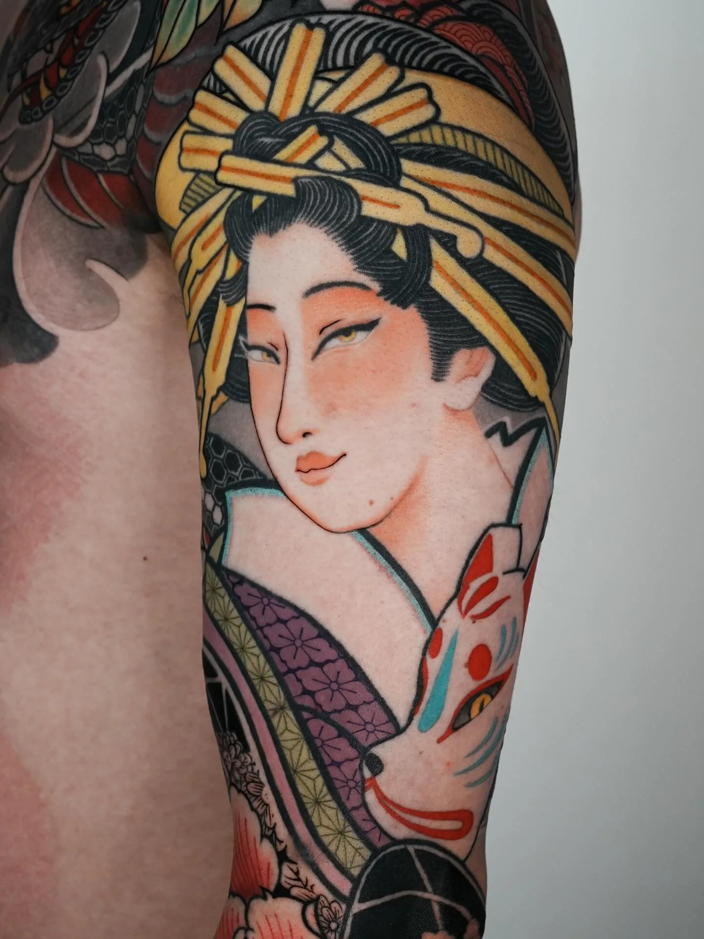 .
Geisha holding Kitsune mask
Thank you Ethan🍁

#jejeink #irezumi #japanesetattoo #brisbanetattoo #sleevetattoos #geishatattoo