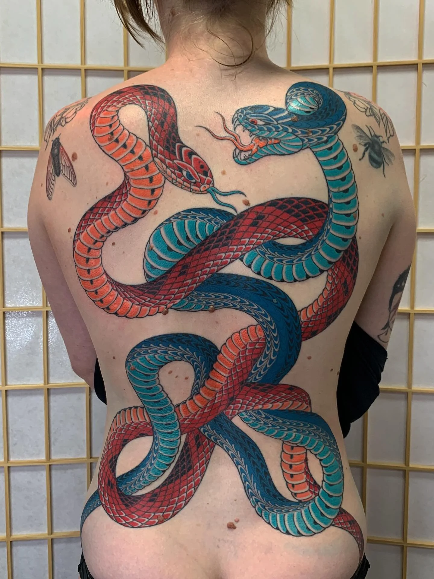 Was stoked to get the other snake finished on this back for Molly! She has a blue and red theme going with a lot of her tattoos, so we thought this would tie in nicely! Thanks for sitting like a rock 🔥🙏 
@savepoint_tattoo 
#snake #snaketattoo #snak