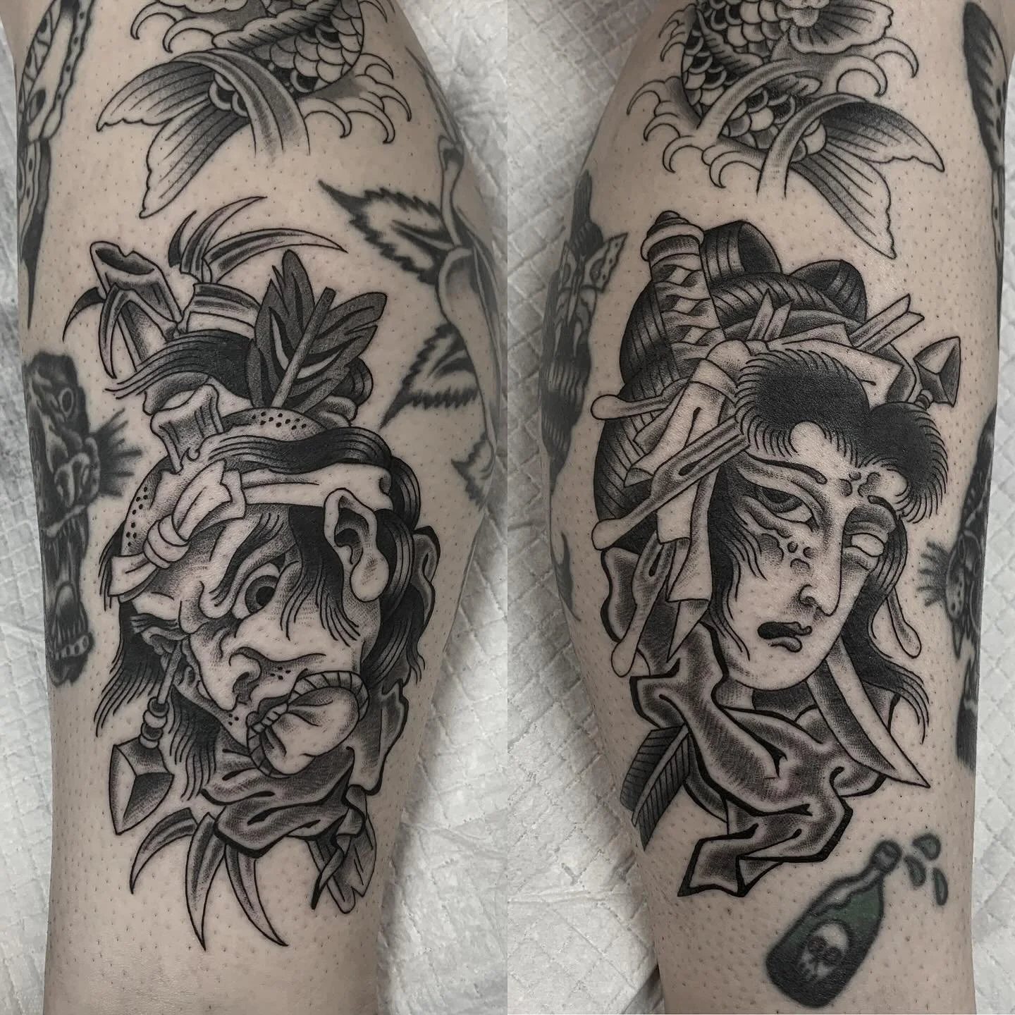 Matching namakubi&rsquo;s for Courtney! 🔥💀 had so much fun doing these! So satisfying filling a gap 🙏 
@savepoint_tattoo 
#japanesetattoo #japan #traditionaltattoo #blackworktattoo #blackandgreytattoo