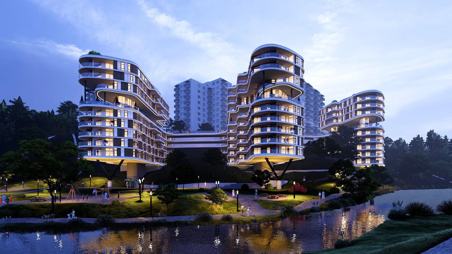 Modern to-etasjers hus med store vinduer i en hage med sitteplass og boblebad