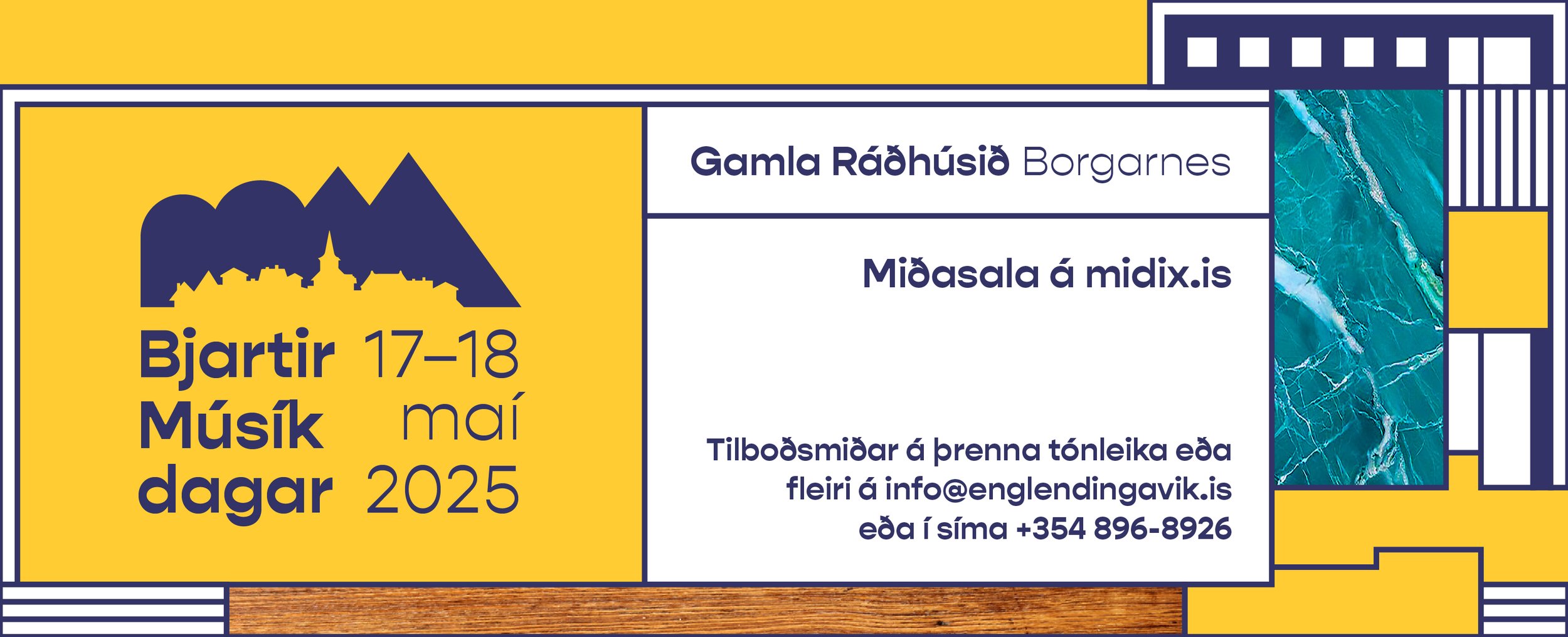 Bjartir Músíkdagar í Gamla Ráðhúsinu í Borgarnesi 17-18 Maí 2025. Miðasala á midix.is eða með því að hringja í 896-8926.