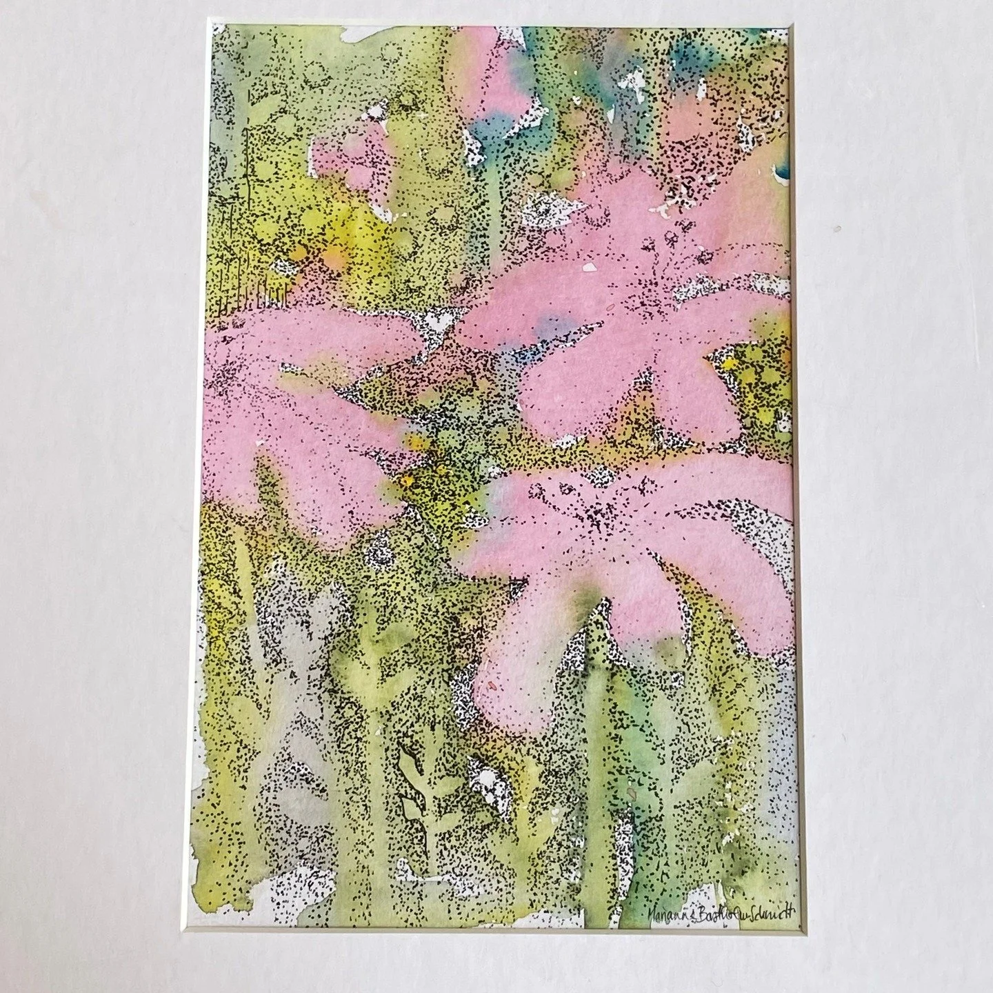 Akvarel med tusch.
Det tager lang tid at tegne alle de prikker, men det er ogs&aring; sjovt og afslappende - p&aring; sin egen m&aring;de.

Se mere originalkunst p&aring; min hjemmeside - nu med webshop.

www.bastholm-billedkunst.dk