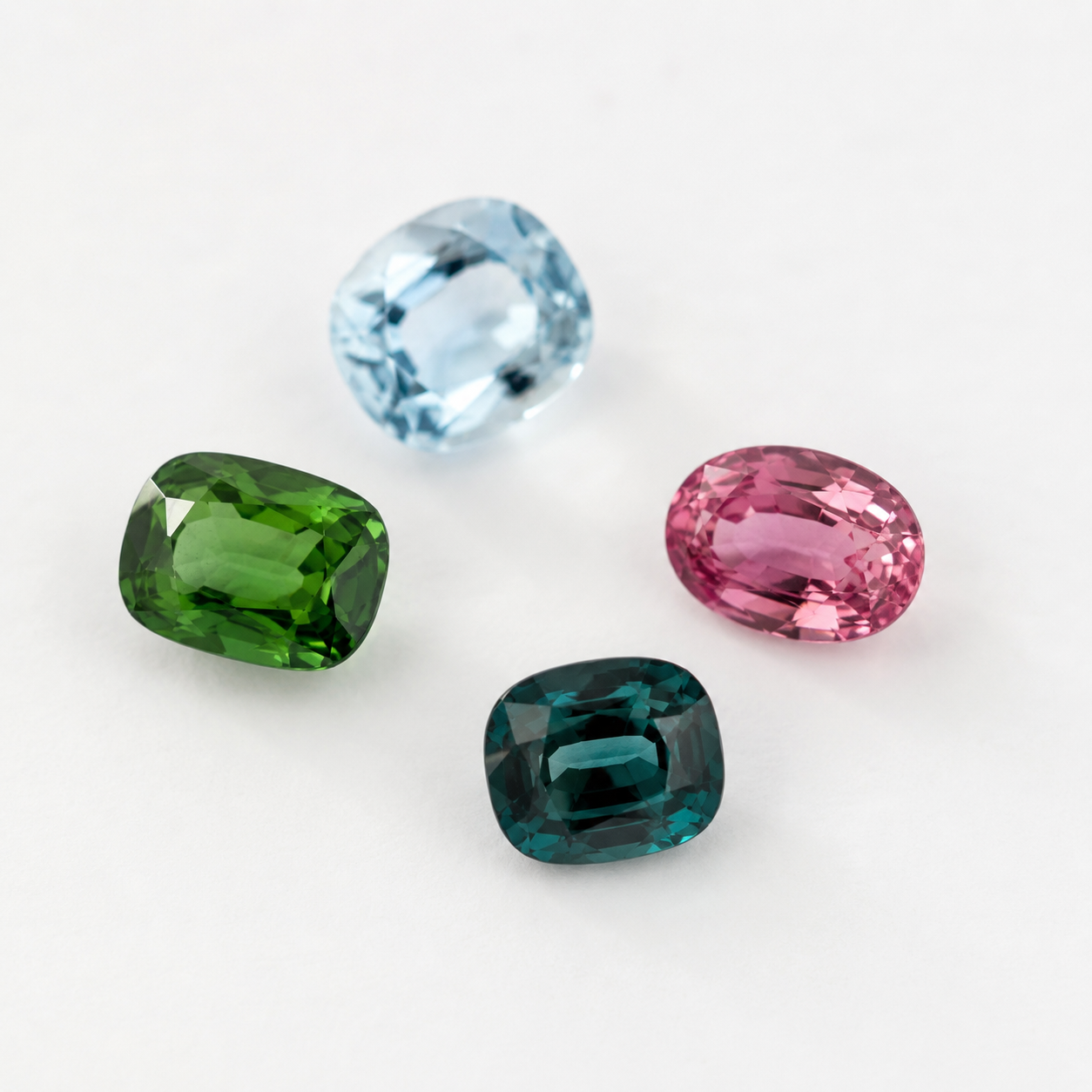 Cinq pierres précieuses de différentes couleurs disposées sur un fond blanc, comprenant une pierre verte, une pierre bleue, une pierre rose, une pierre cyan et une pierre claire.