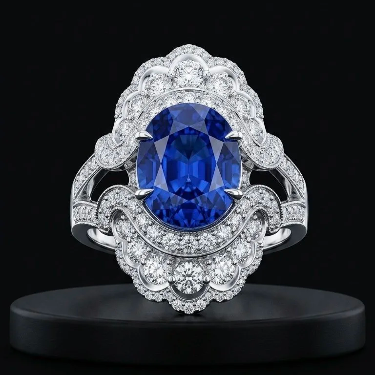 Une bague en or blanc avec un gros diamant central bleu entouré de nombreux diamants plus petits, affichée sur un support noir