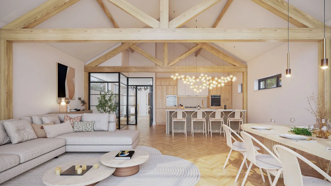 Asiko Architects Ltd — Open-concept living room and kitchen with light wood accents, white walls, beige sofa, modern art, and a dining table set for four.