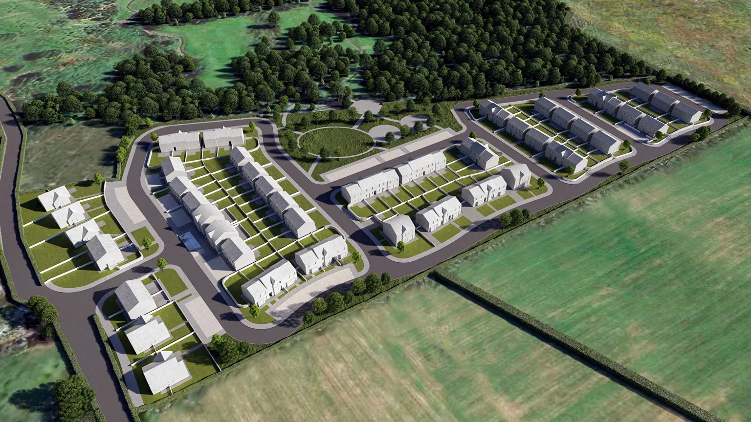 Asiko Architects Ltd — A bird's eye view of a residential housing development with multiple rows of white houses, roads, and green spaces, surrounded by open fields and wood