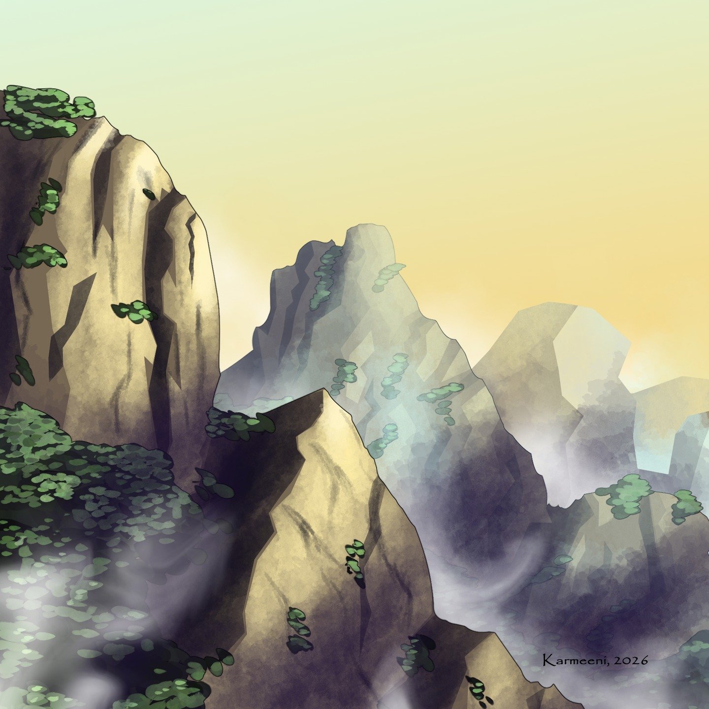 The Goldenlight Mountains bordering the Witchwoods to the north are tall and riddled with cliffs and ravines. Only one way through it is known to the orcs that inhabit the tundra's to the north.

https://www.webtoons.com/en/canvas/untangled/list?titl