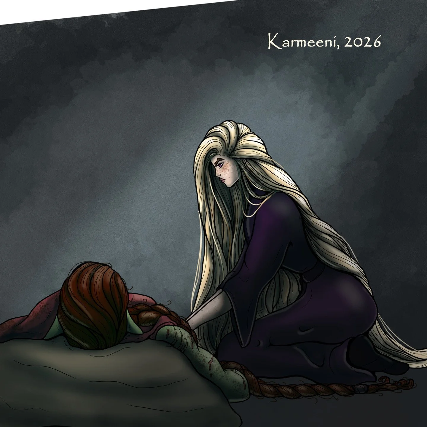 Seri inspecting Mori's wounds. 

https://www.webtoons.com/en/canvas/untangled/list?title_no=1082423

#digitalart #fantasy #fantasyart #digitalpanting #webtoons #webcomic #untangled