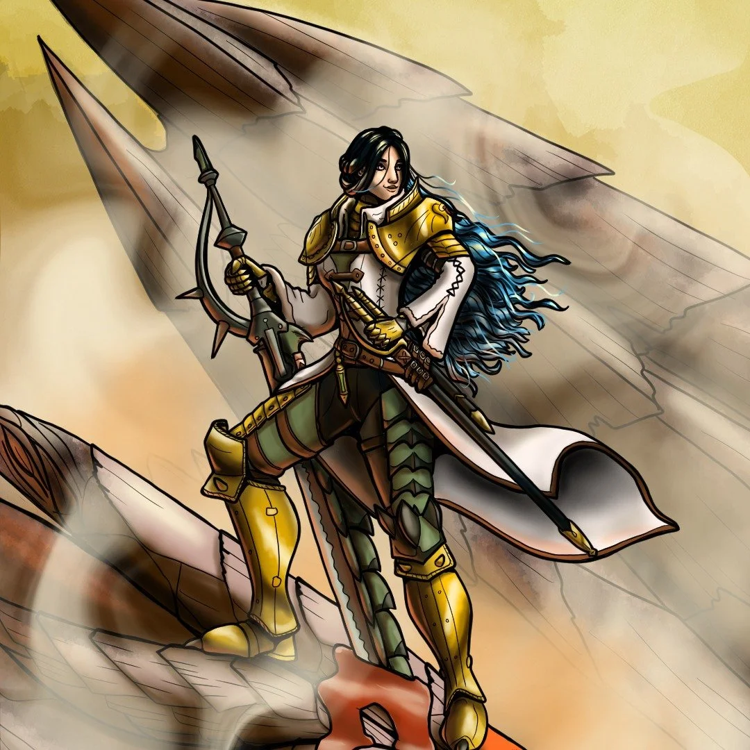Maya, hunter of the Crimson Valstrax and OC of @TechnicStrike 
It was alot of fun to draw her in a heroic pose and to try to add as much detail into the image as possible! Armor and monster design are from Monster Hunter Wilds.