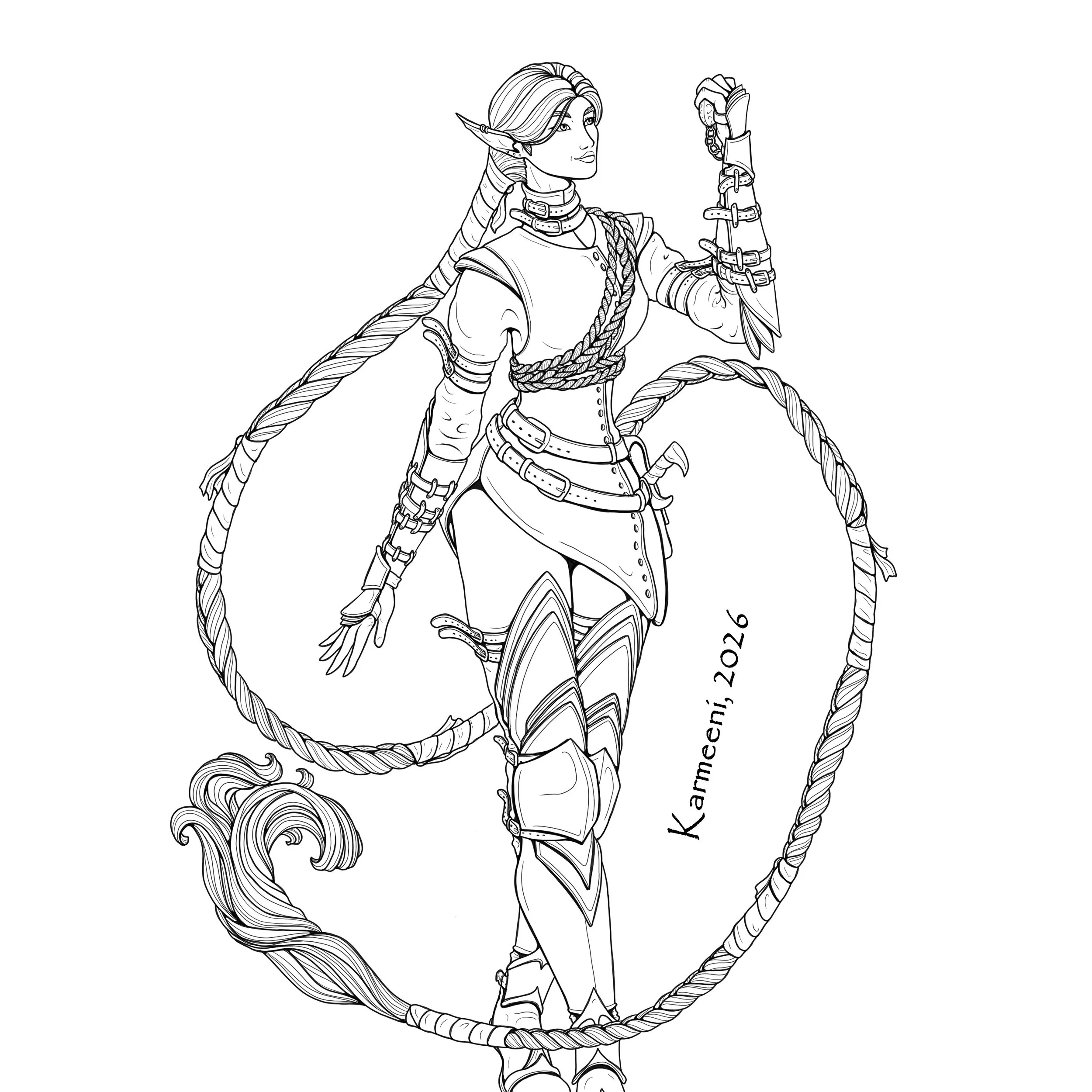 A new character I'm working on/that has been in my mind for quite some time. Thari, the elf, here in a thief outfit. I might have gone a bit overboard with the belts, but it looks cool? 

Not related to this girl, but please check out my webtoon!

ht