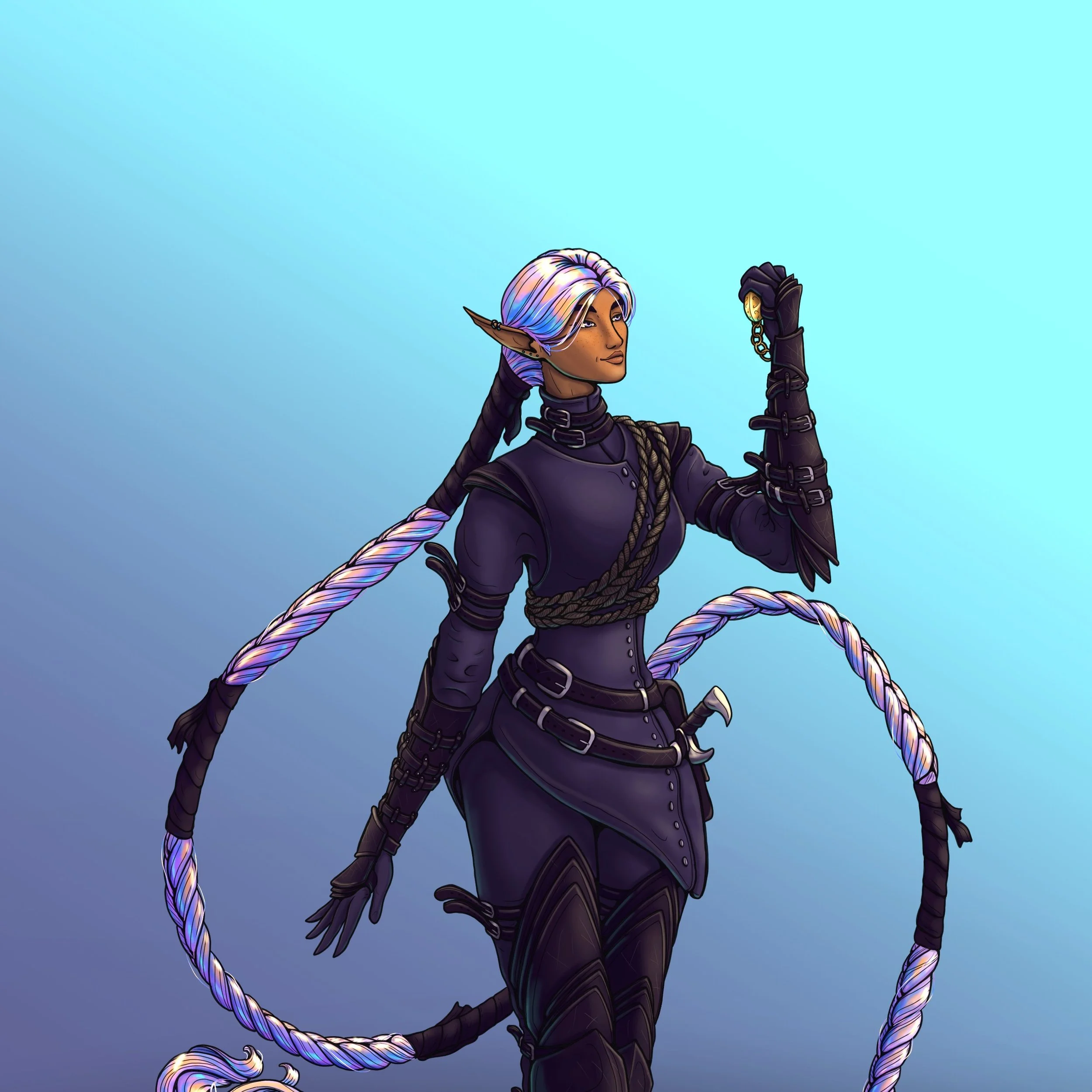 The full color of Thari, the elf thief, maid and priestess. A girl who leads a triple life, undercover in a human city, where her hair is a highly sought after material, worth more than its weigth in gold. Thari is very protective of her hair, since 