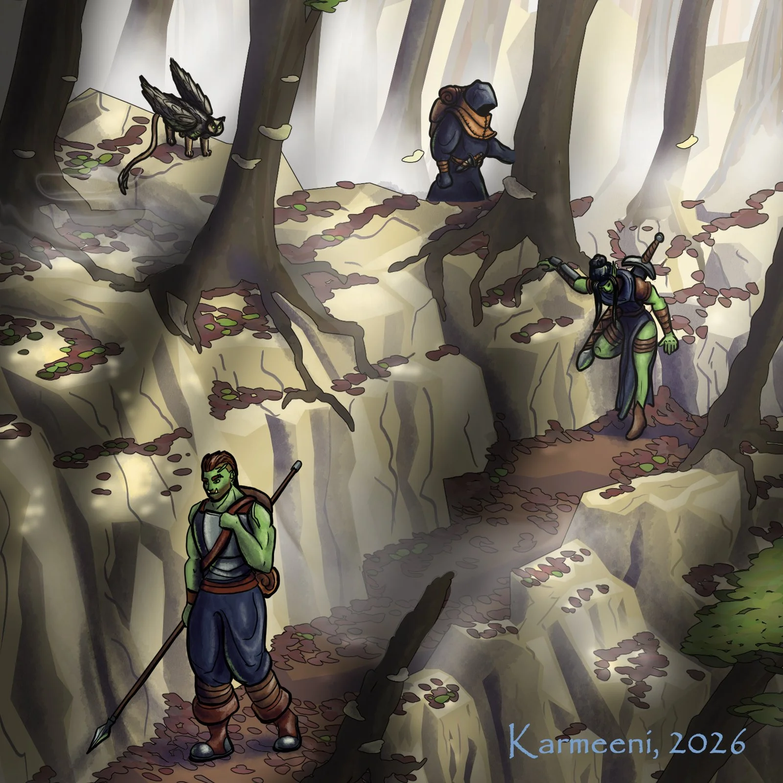 One of the first images i drew for my comic. My style has changed a bit, but I still like this one. Only Achilles, the owlcat, looks weird here. But ah well, we live and we learn!

Check you what these orcs are doing in this forest in my comic!
https