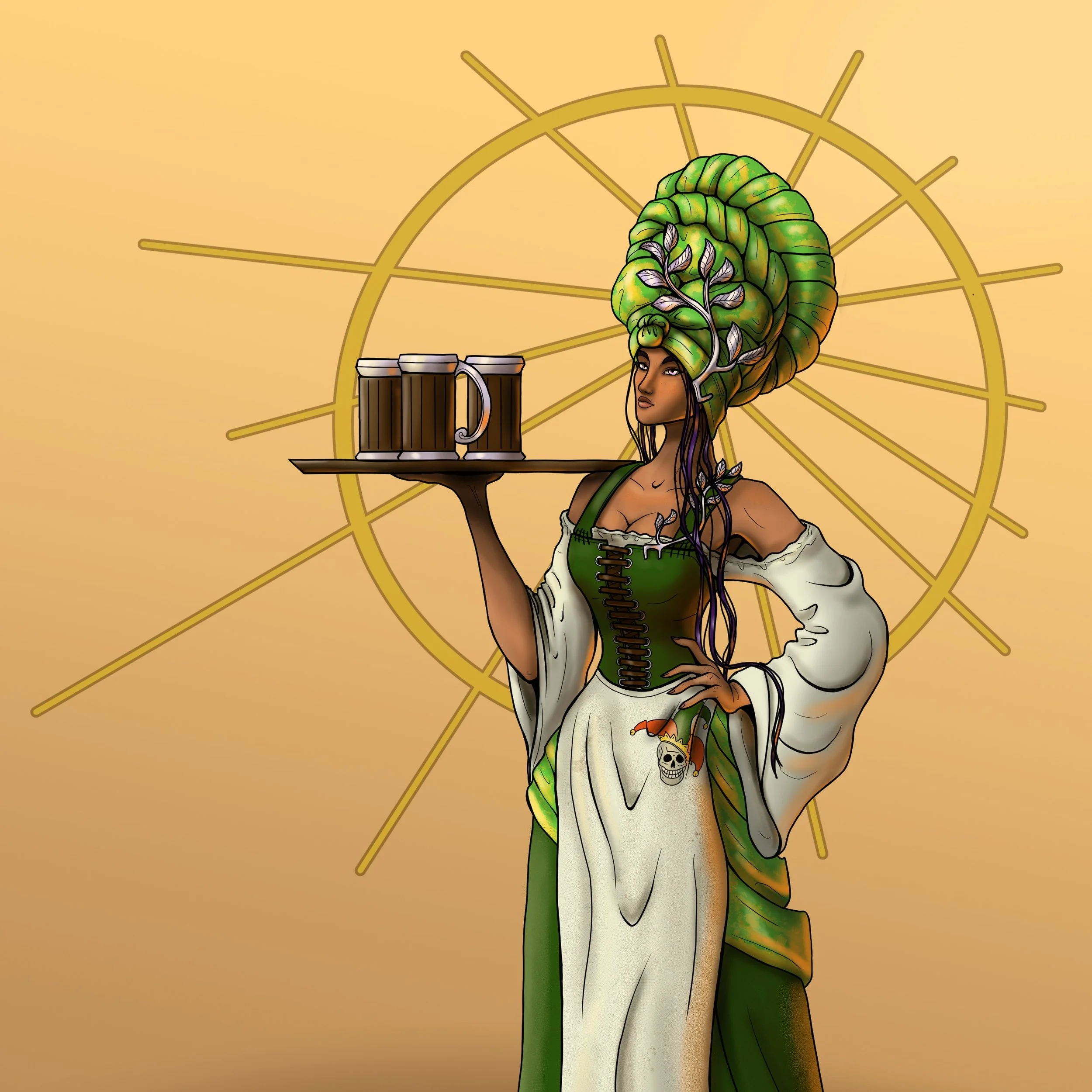 Thari working at the Laughing Skul Inn. To learn more about her, read about her here:
https://www.deviantart.com/karmeeni/art/Thari-2-3-the-Maid-1333861131

#digitalart #fantasy #fantasyart #digitalpanting #webtoons #webcomic #untangled