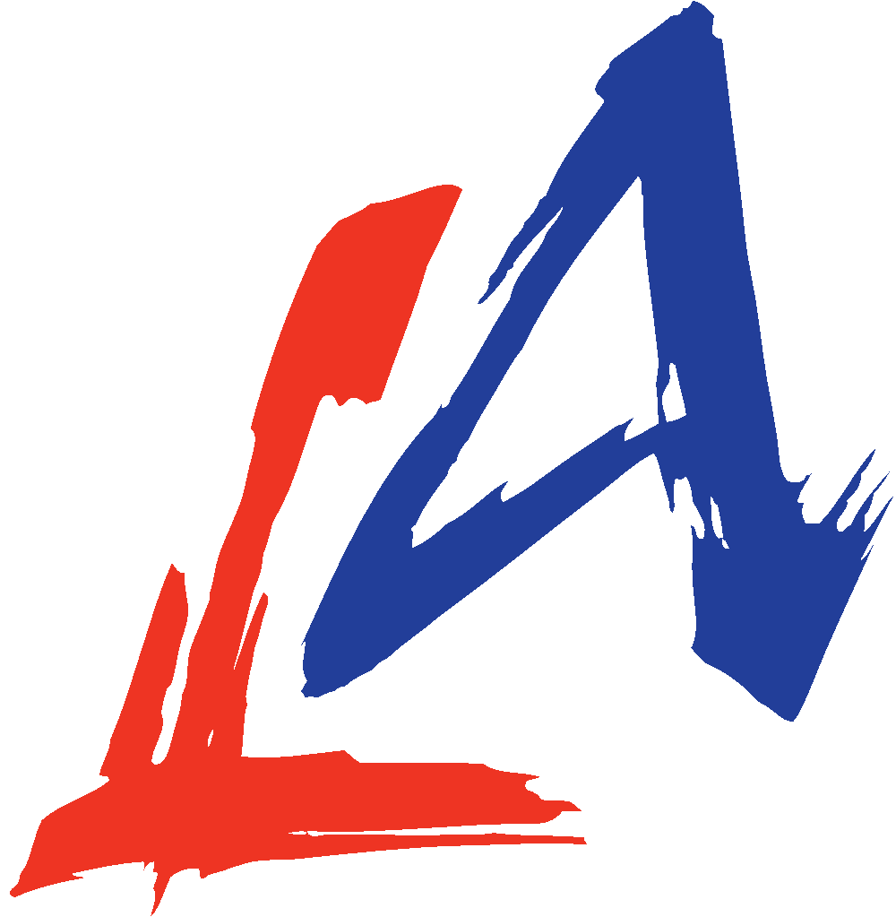 A stylized red and blue logo for production company LA Productions. The red part resembling a handwritten letter 'L' and the blue part resembling a stylized letter 'A'.