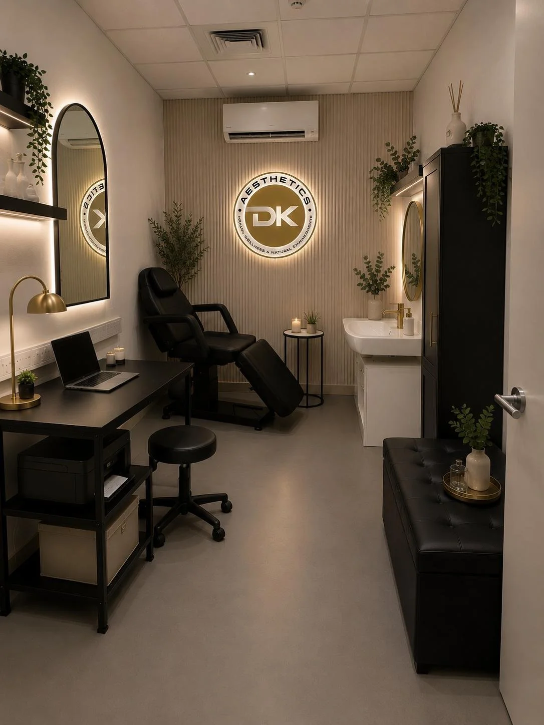 A modern aesthetic clinic room with a black reclining chair, a desk with a laptop, and decorative plants. There is a round wall logo with the letters 'DK' and the word 'Aesthetics' illuminated behind the chair. The room has a small sink, mirror, cabinet, and various decor items like candles and vases.