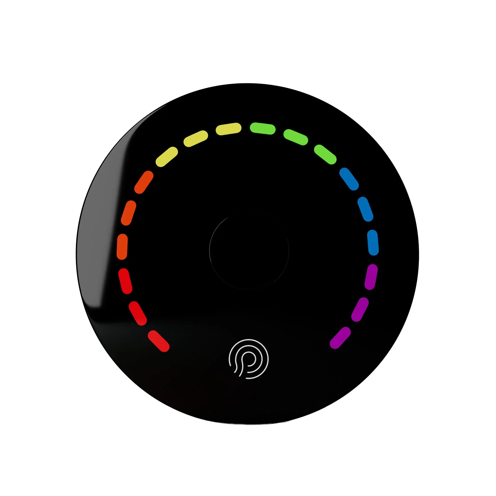 Smart thermostat with colorful LED ring display and fingerprint sensor on a white background.