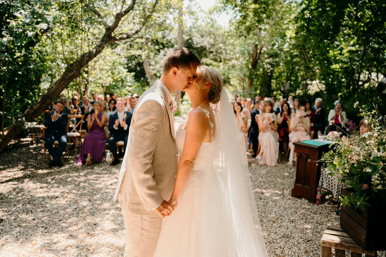First Kiss photographed by Wedding Photographers pip&amp;clo at Rudge Farm Dorset