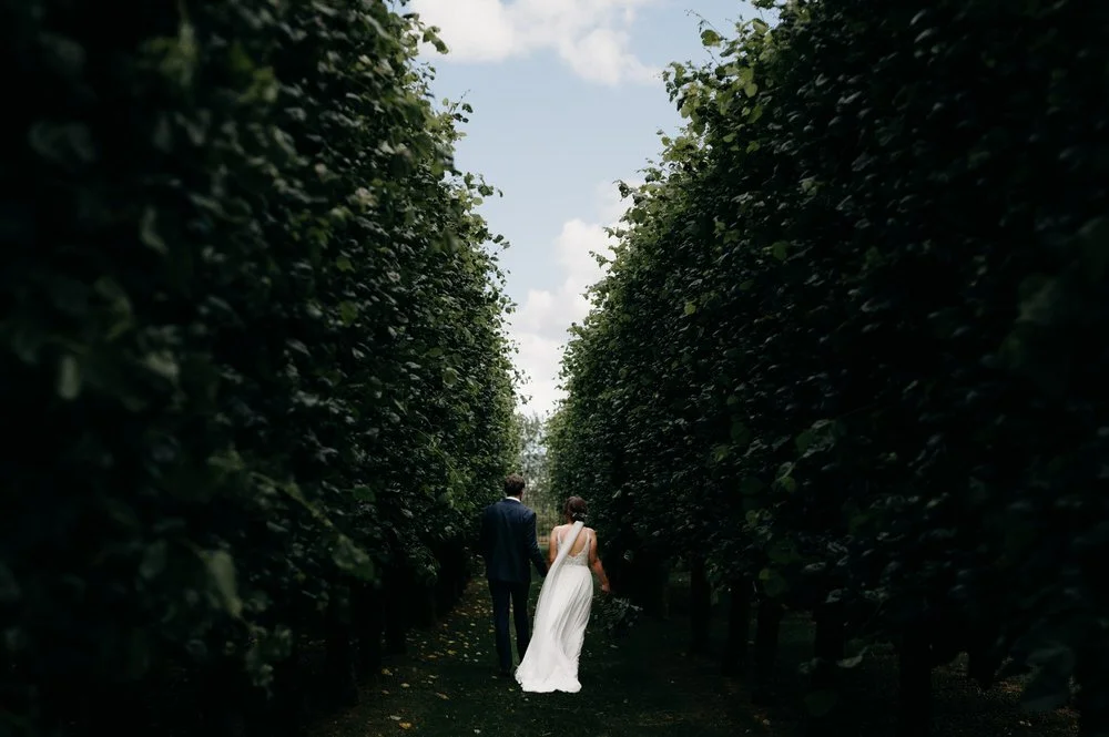 Couple, dressed in wedding attire, walking hand in hand between tall, lush green hedges on a partly cloudy day.