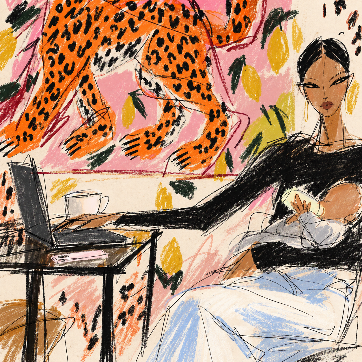 An illustration of a woman sitting at a desk with a laptop and a coffee mug, in front of a vibrant, colorful painting of a leopard.