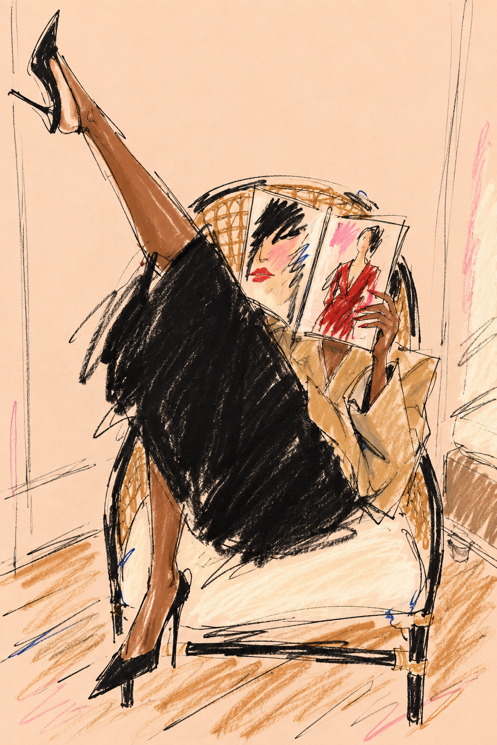 Fashion illustration of a woman sitting on a chair, wearing high heels, with one leg crossed over the other, holding a magazine featuring a woman in red.