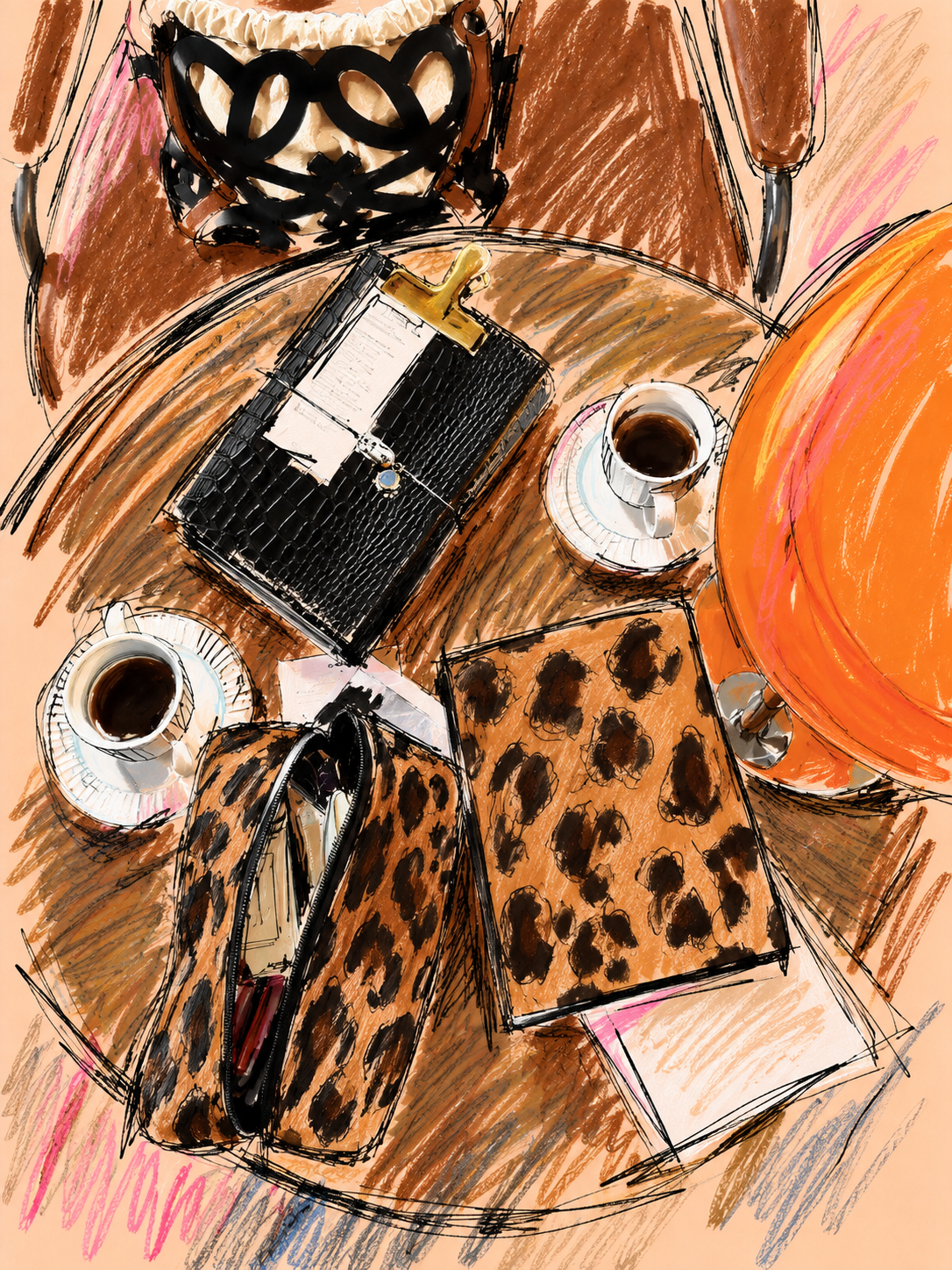 Top-down view of a cluttered wooden table with two cups of coffee, a leopard print handbag, a leopard print notebook, a black crocodile skin purse, a clipboard, a large orange pumpkin, and a black decorative item.