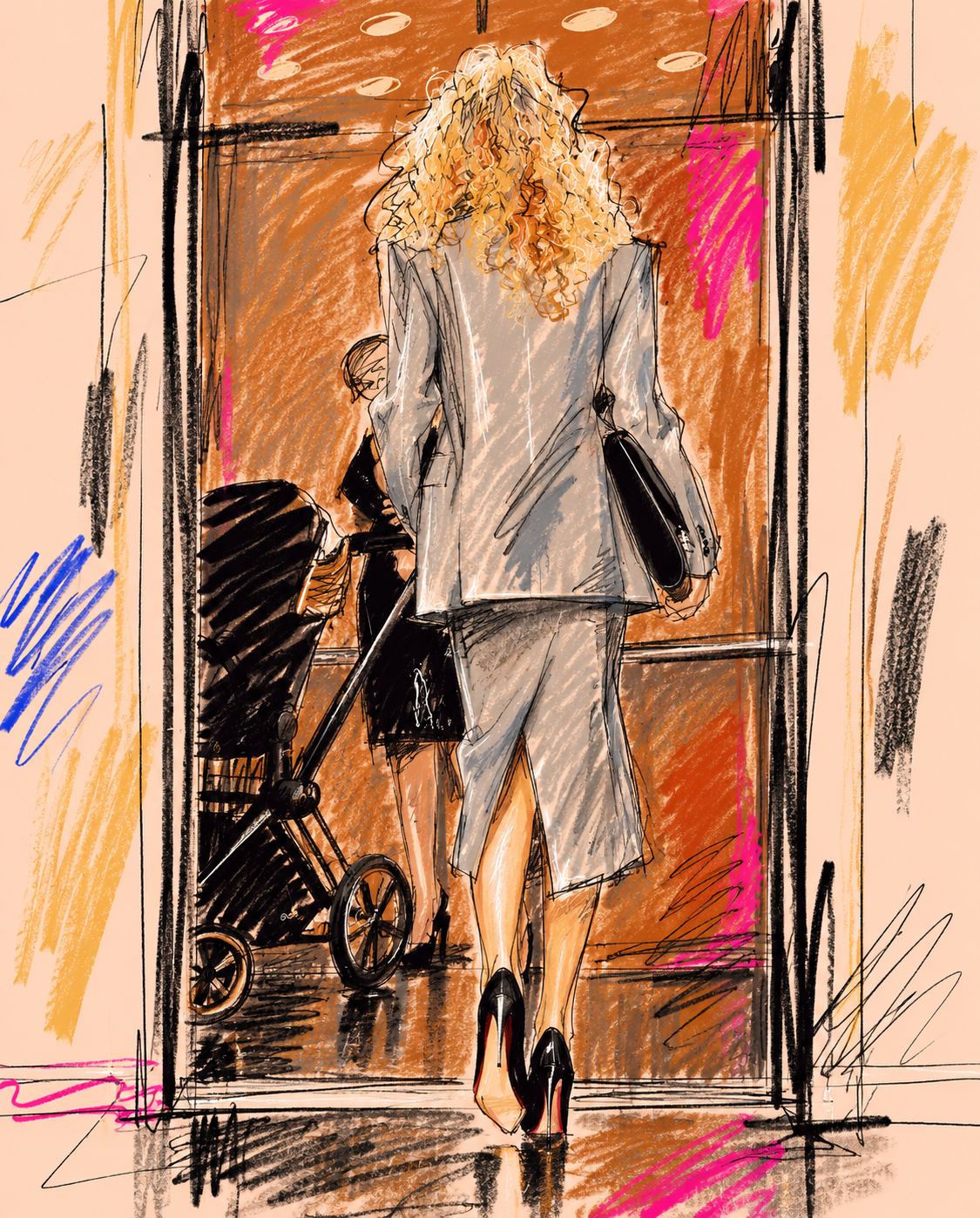 A woman with curly blonde hair wearing a gray suit and black high heels enters an elevator, seen from behind. She carries a black handbag and appears to be walking in.