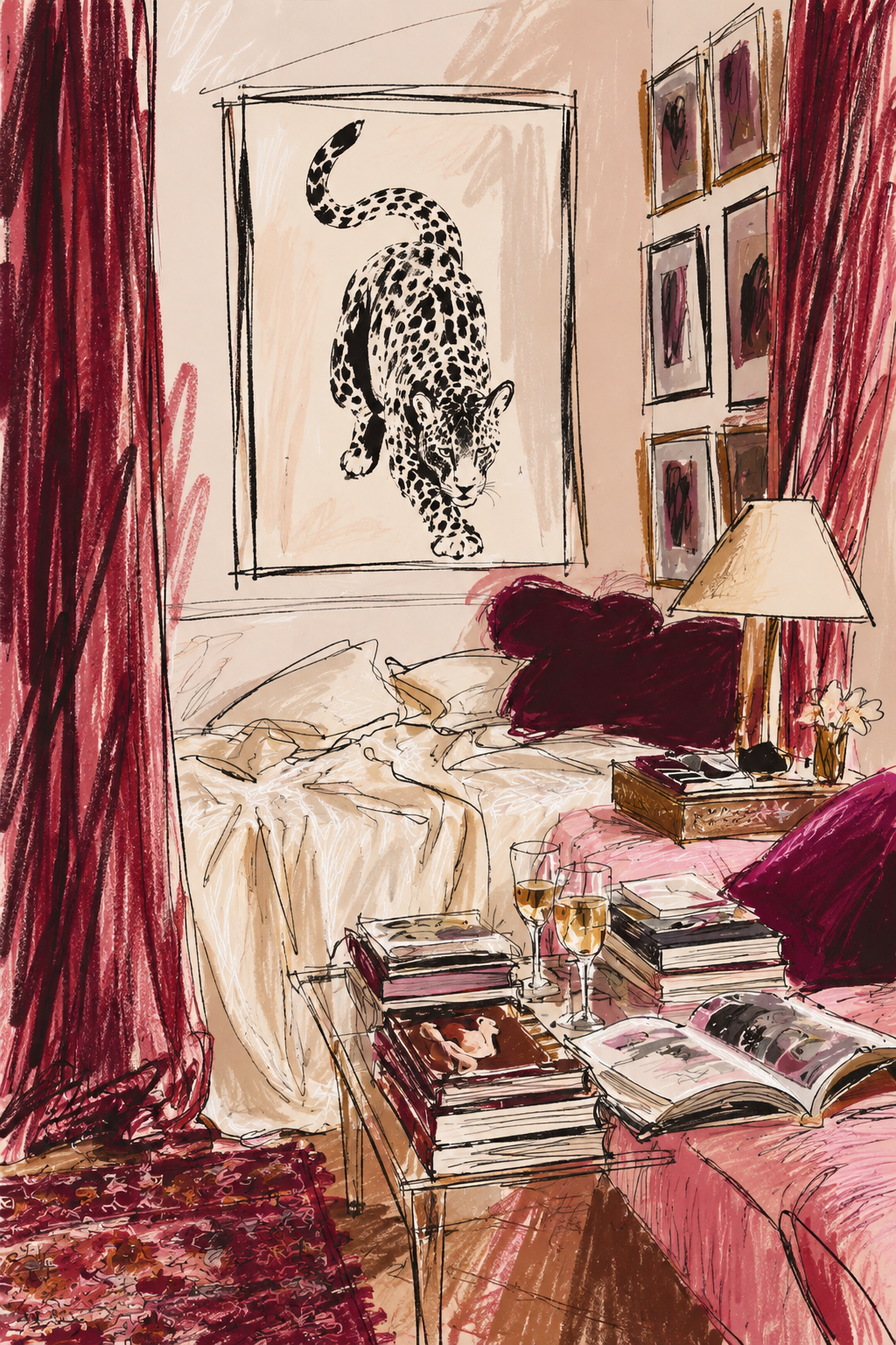 A cozy bedroom with a bed, surrounded by red curtains and wall art. A large leopard painting hangs above the bed. There are stacks of books, glasses of wine, a table with magazines, and a lamp on top.