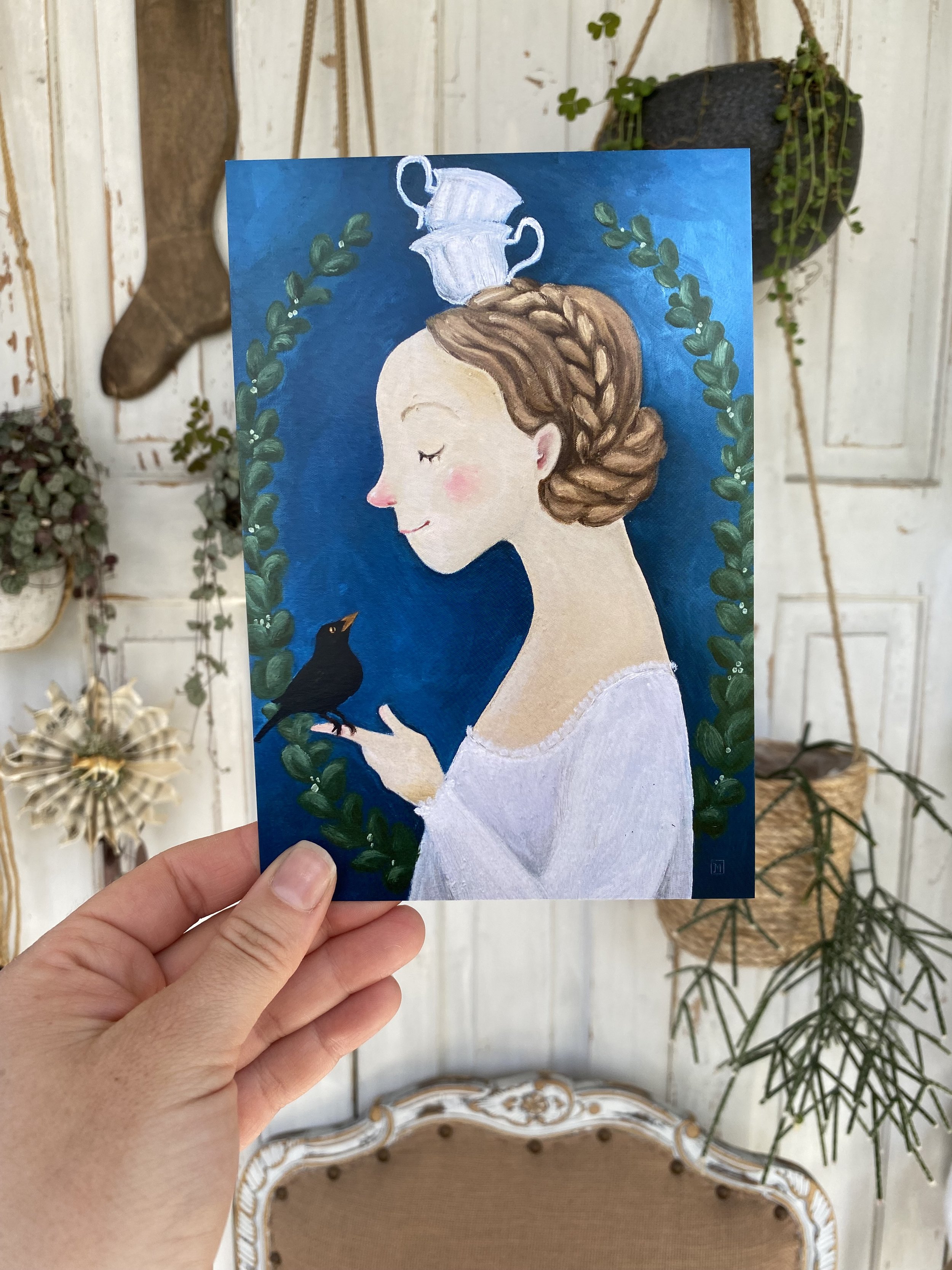 Postkarte - Amsel und Tee