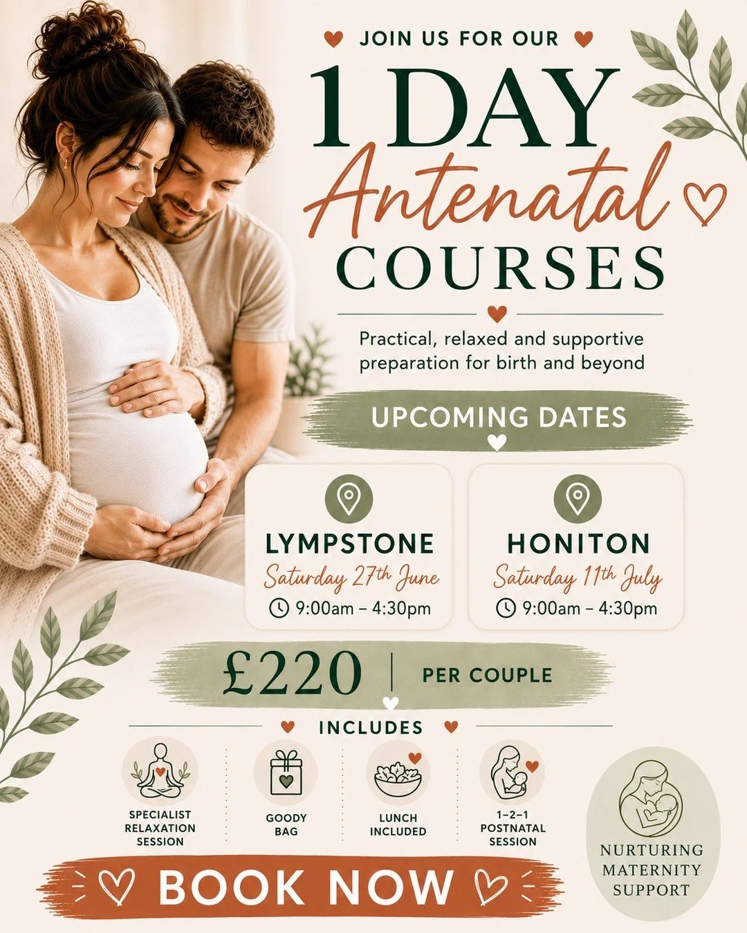 ✨ 1 Day Antenatal Courses in Devon ✨

Looking for antenatal classes but don't have time to commit to a weekly course?

Our relaxed and supportive 1 Day Antenatal Courses provide everything you need to feel informed, prepared and confident as you appr