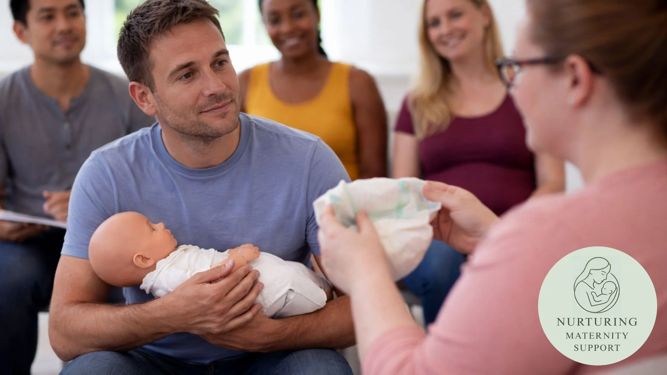 Birth partner learning baby care during one of my classe
