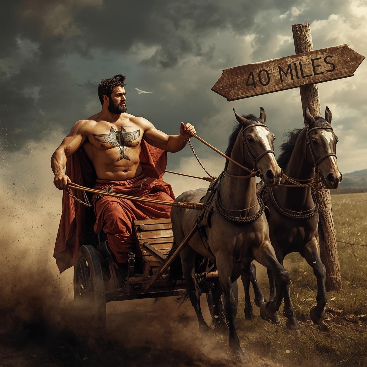 The Roman God Vulcan, with a tattoo on his chest of the Avro Vulcan delta-wing strategic jet bomber, riding in a chariot past a sign saying _40 miles_.jpg