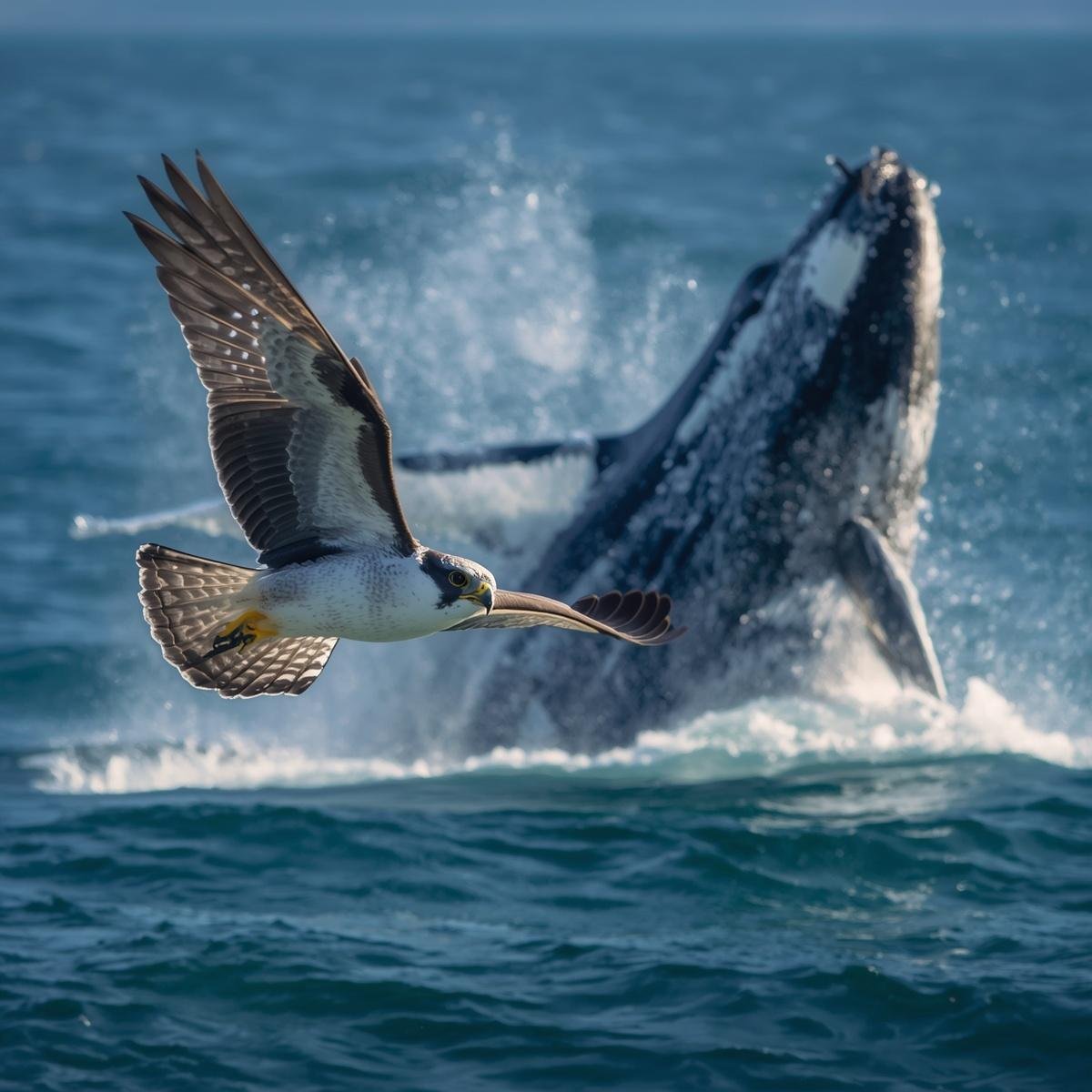 Peregrine running over water with a humpback whale jumping out behind it.jpg