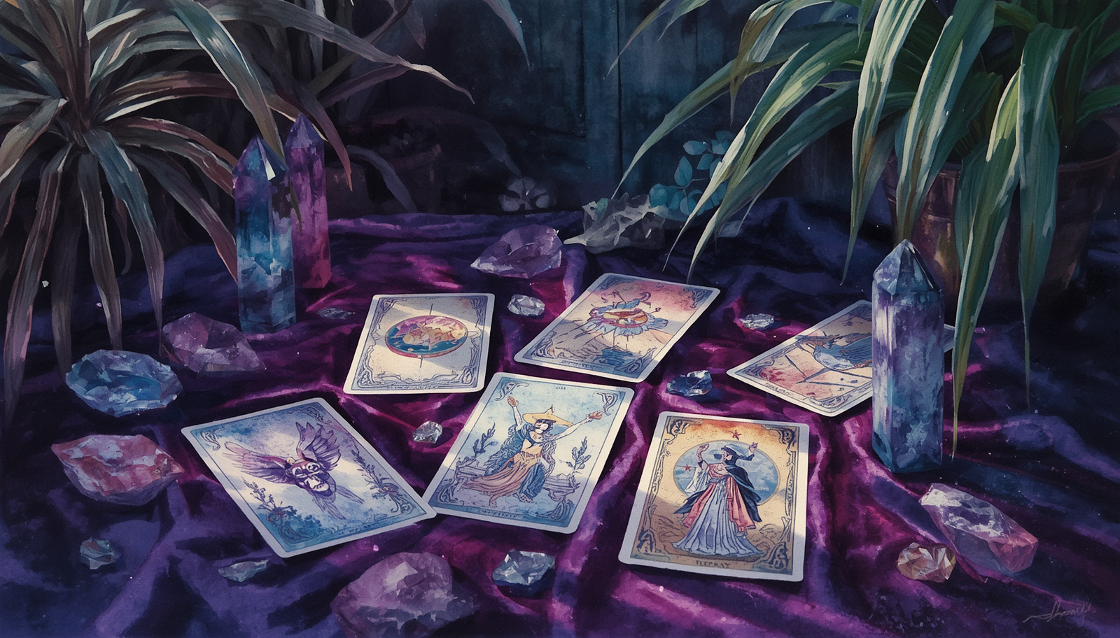 Tarot Cards and Witchy Crystals in a purple and blue colouring.jpg