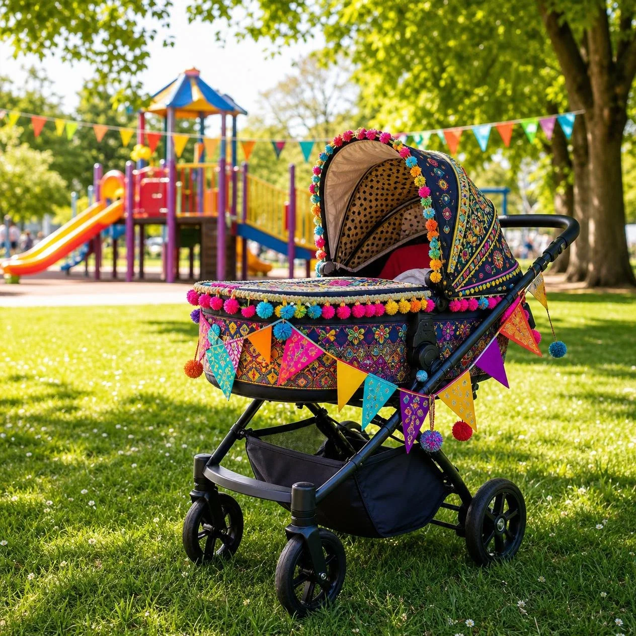 Baby buggy with colourful flags.jpg