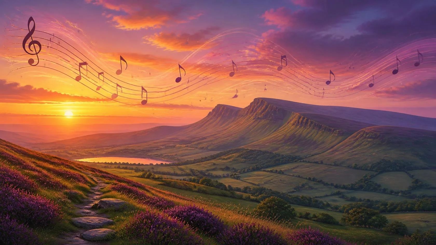 Musical notes flowing over the Brecon Beacons (Wales).jpg