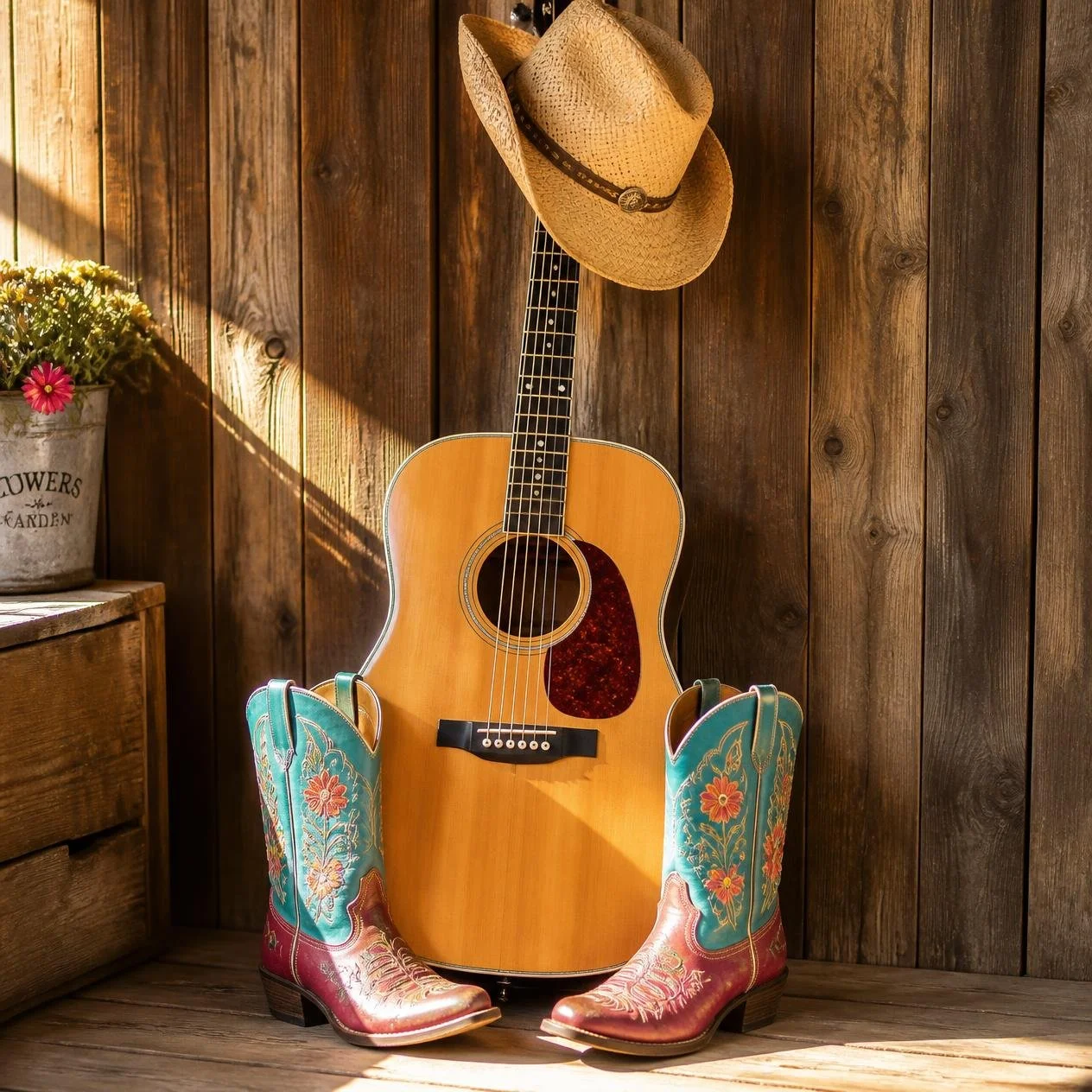 Acoustic Guitar wearing a cowboy hat and cowgirl boots.jpg