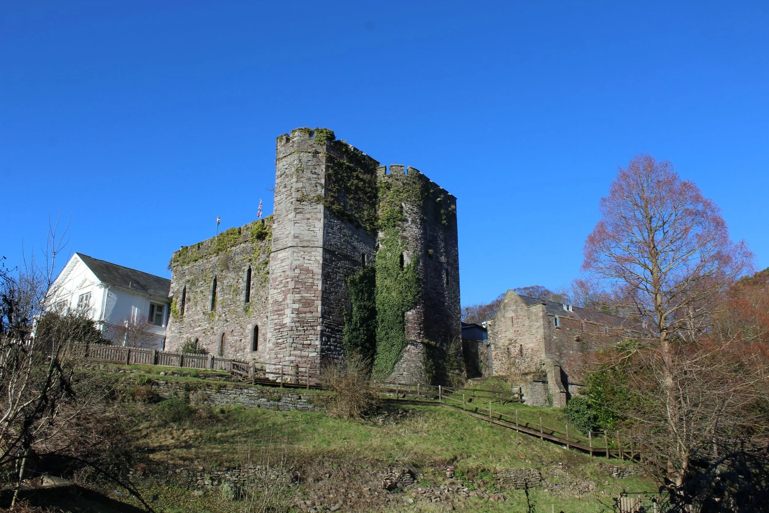 An old stone castle with ivy growing on it, situated on a grassy hill under a bright blue sky, with nearby modern houses and leafless trees.
