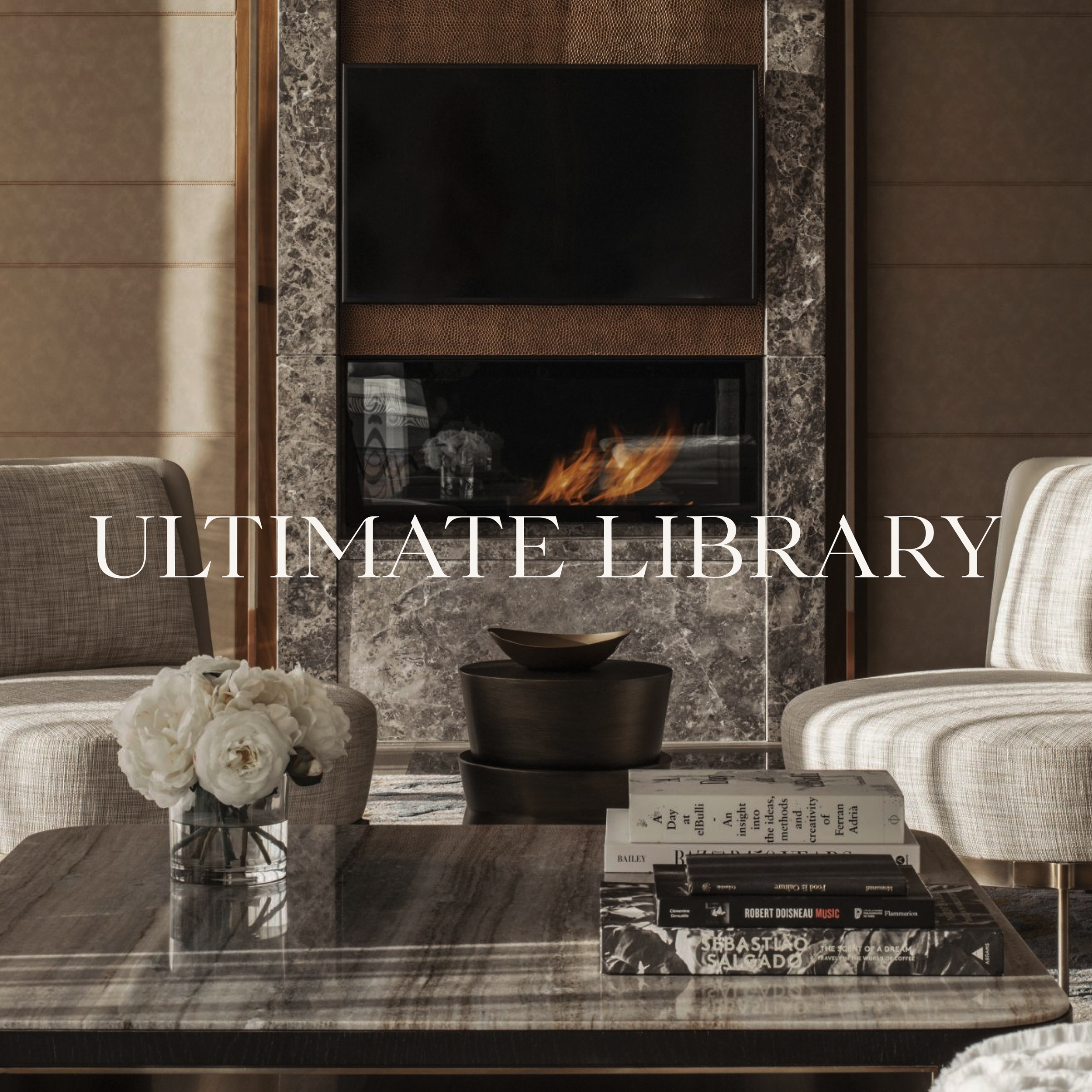 Contemporary living room with fireplace, beige armchair, checkered armchair, dark wooden coffee table with white flowers and books, and a mounted TV above the fireplace.