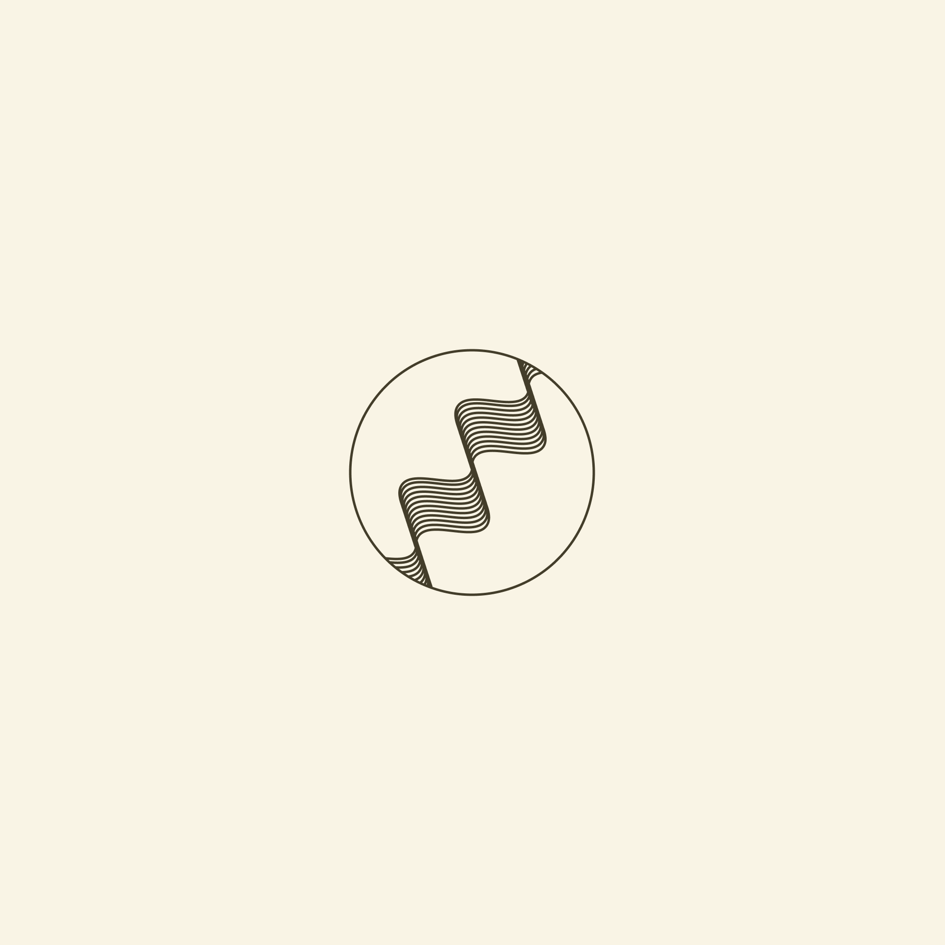 Minimalist abstract logo with black wavy lines forming a zigzag pattern inside a circle on a beige background.