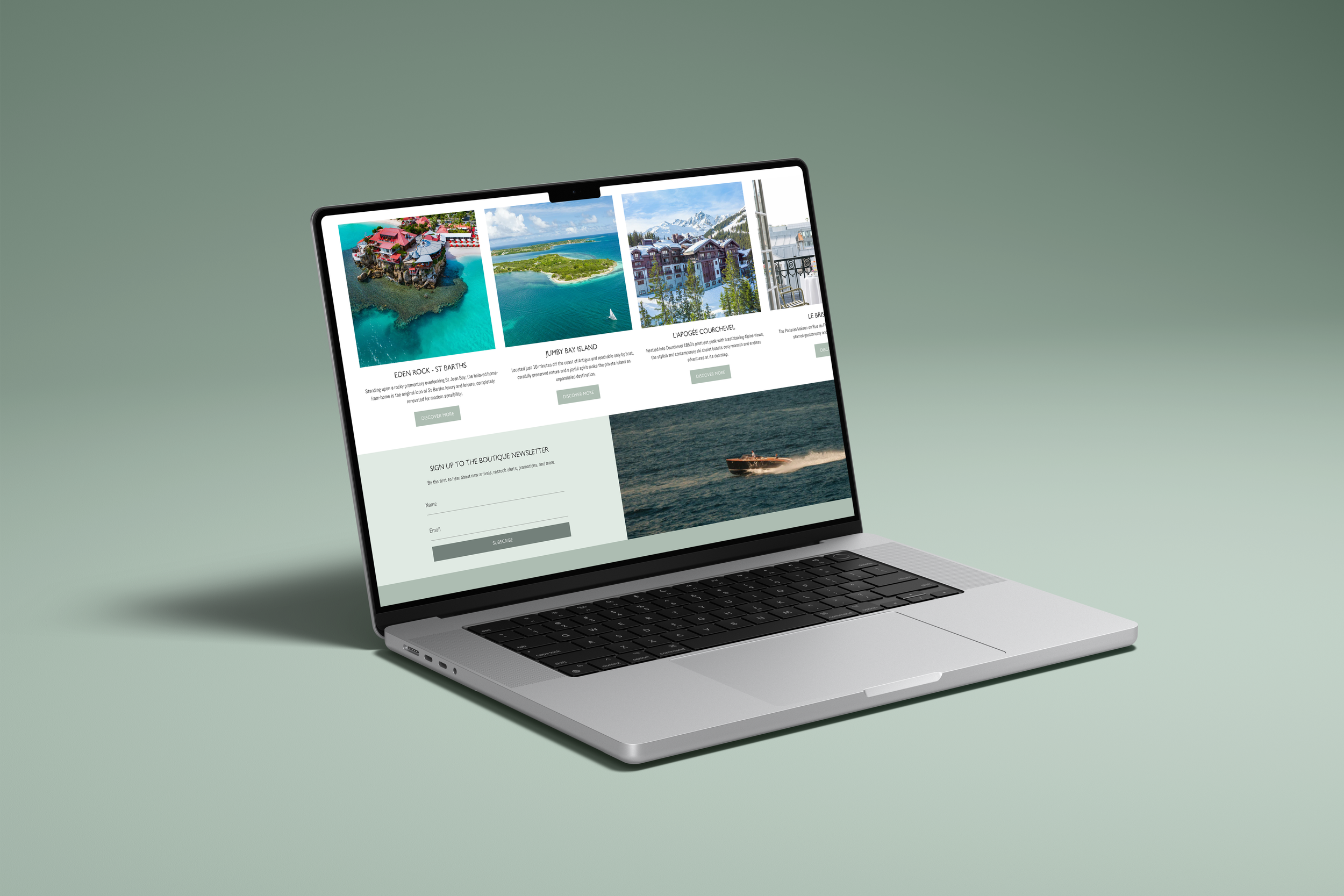Laptop displaying a website with images of islands and a boat on water on a green background.