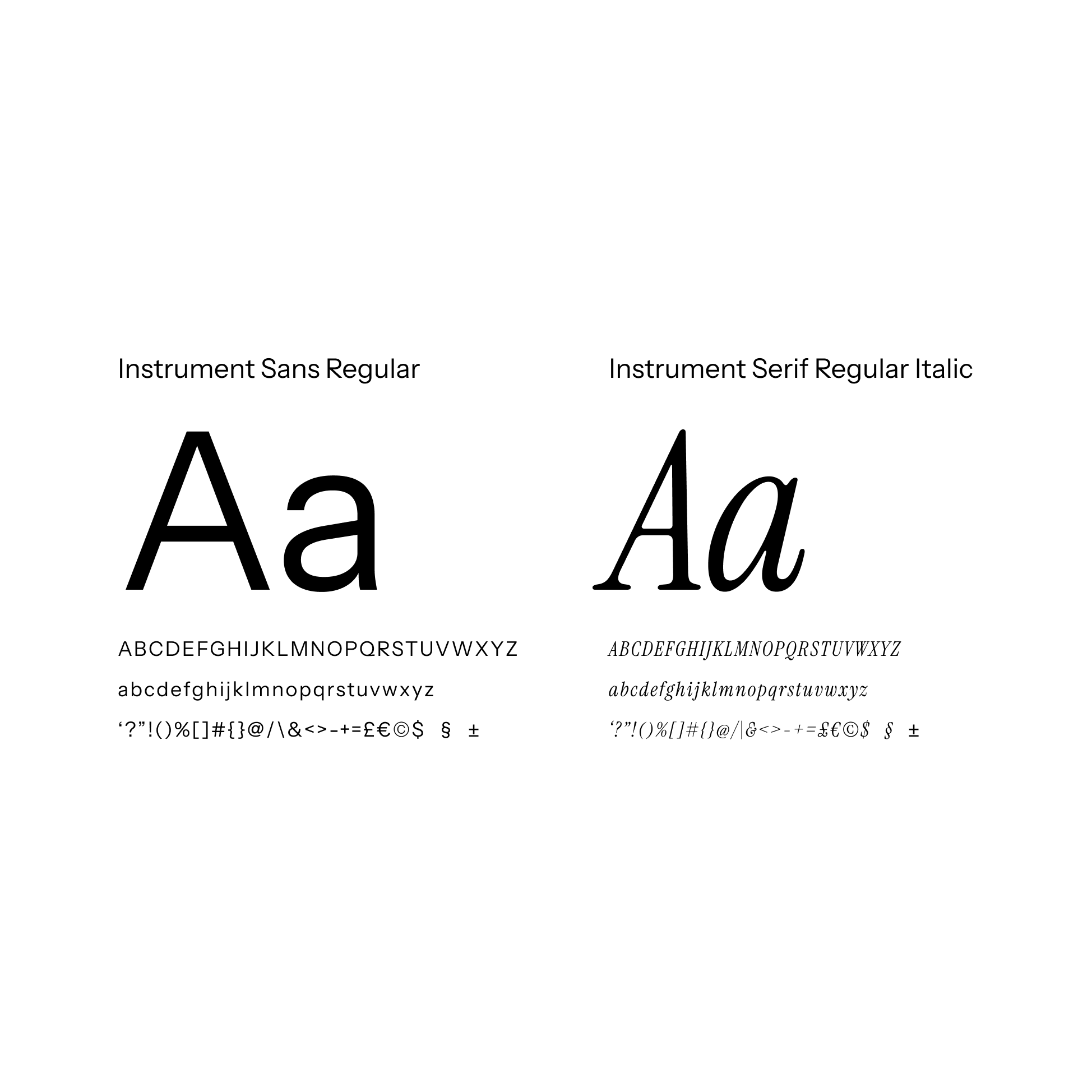 Comparison of two fonts: Instrument Sans Regular and Instrument Serif Regular Italic, displaying uppercase and lowercase letters, numbers, and special characters.