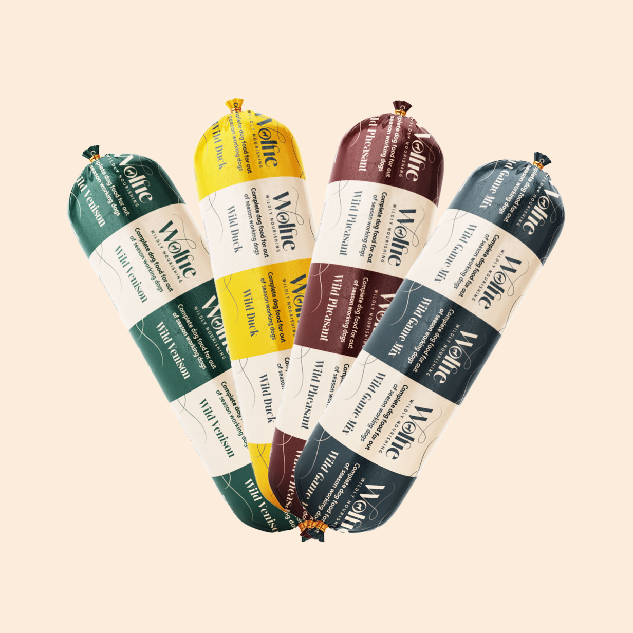 Four packs of Wilson golf balls, each with different colored packaging: green, yellow, maroon, and blue, arranged in a fan shape against a beige background.