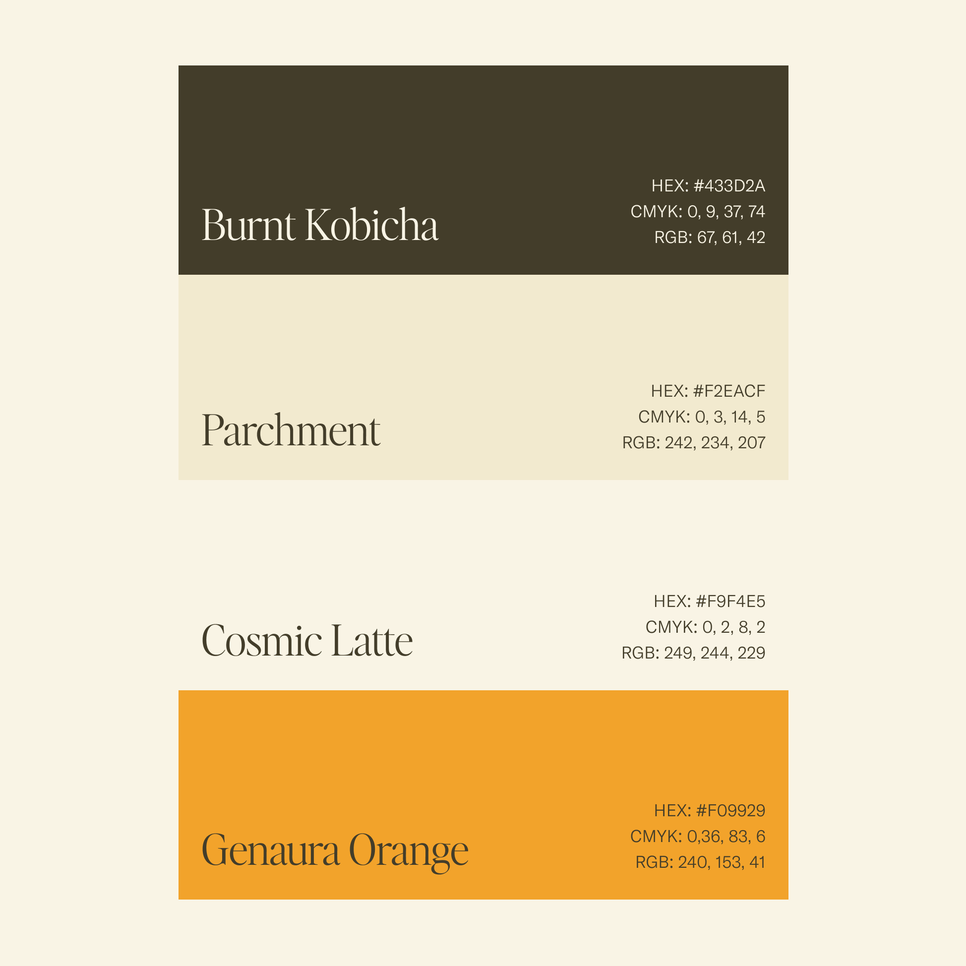 Color palette featuring four colors with their names, HEX, CMYK, and RGB values: Burnt Kobicha, Parchment, Cosmic Latte, and Genaura Orange.