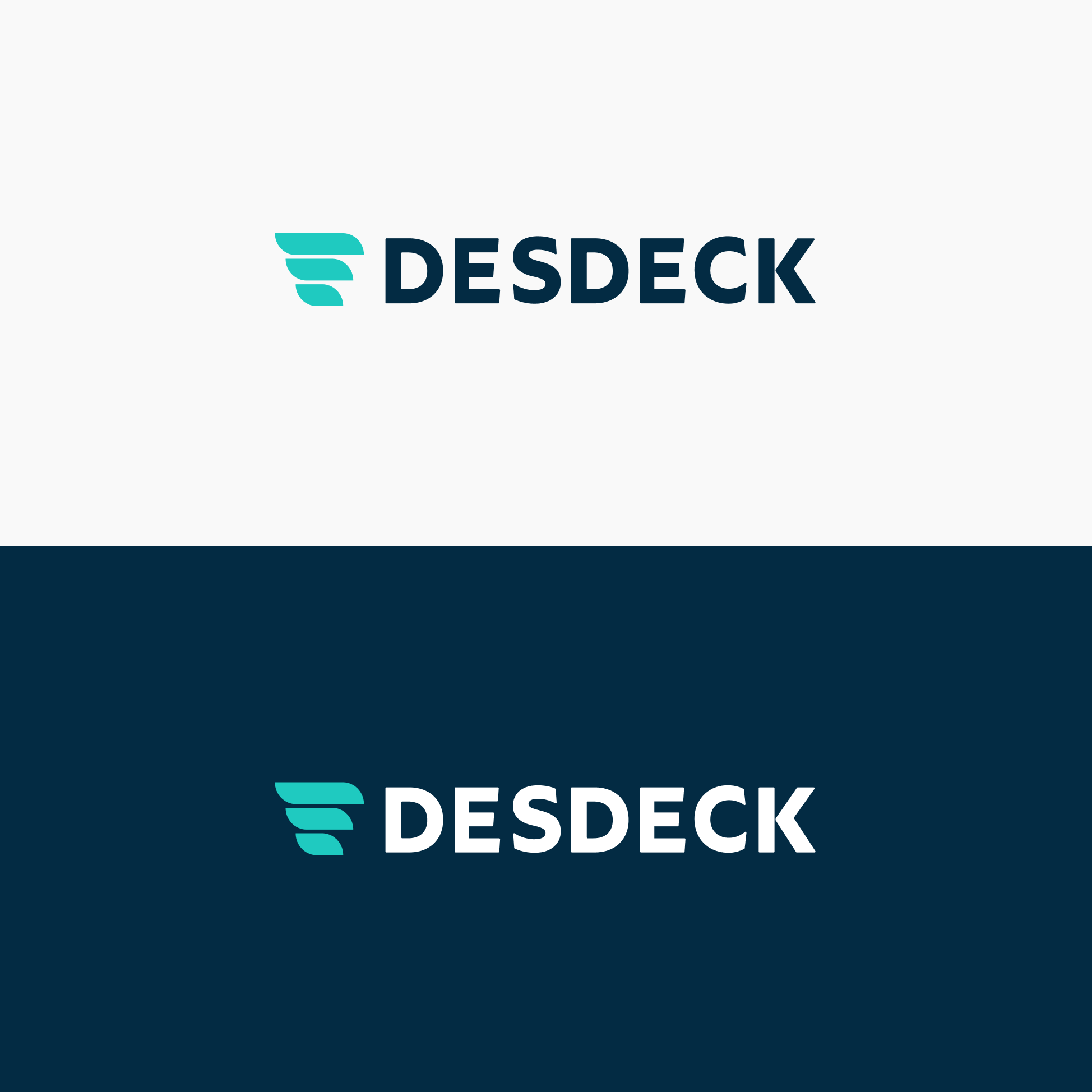 Logo design for DESDECK featuring a stylized teal wing icon next to the bold, uppercase text DESDECK, shown on a white background at the top and a dark blue background at the bottom.