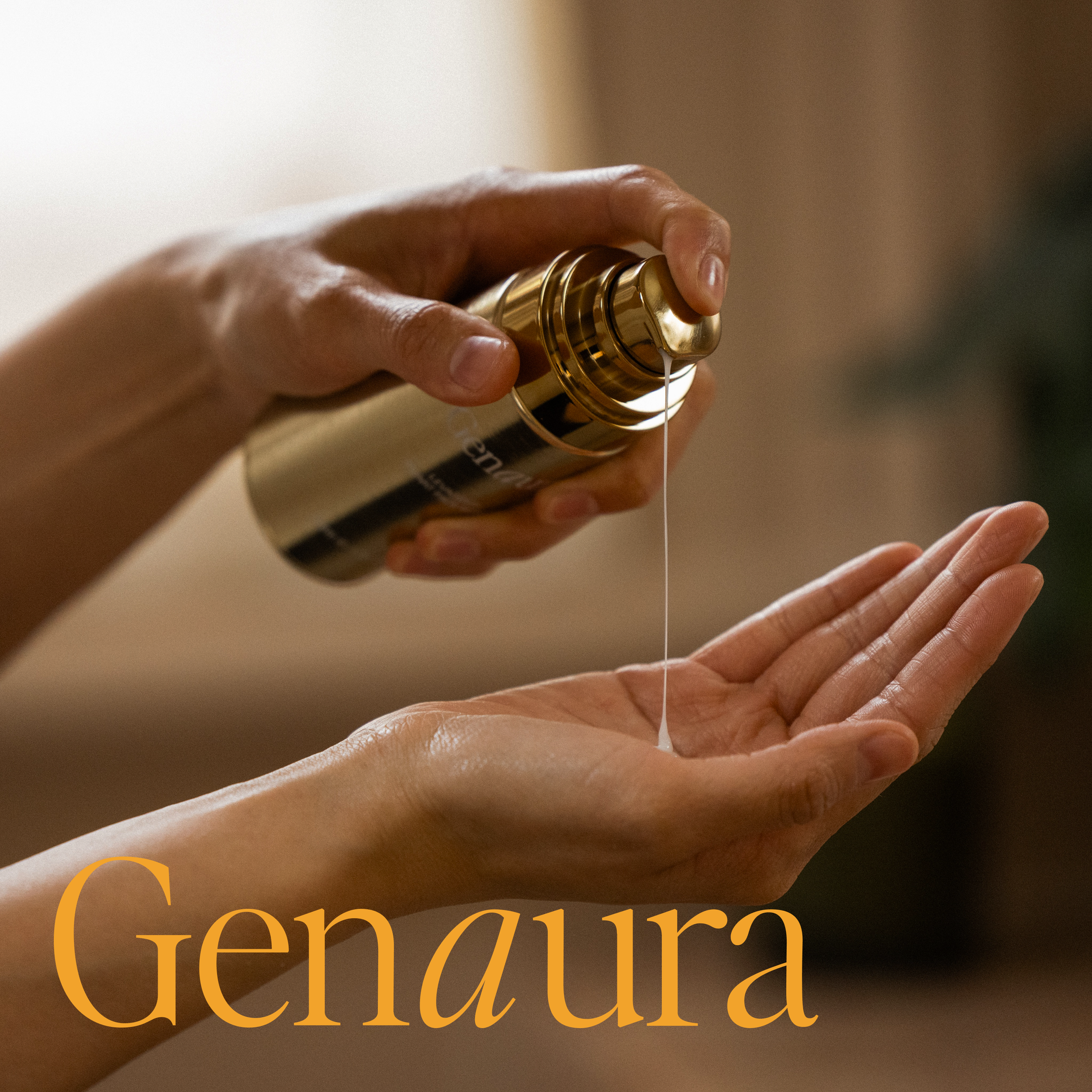 A person applies a skincare serum from a gold bottle onto their hand, with the word 'Genaura' written in orange text at the bottom.