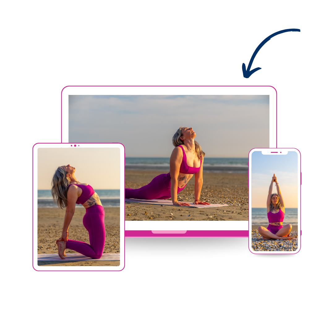 Woman practicing yoga on beach, displayed on tablet, laptop, and smartphone screens.