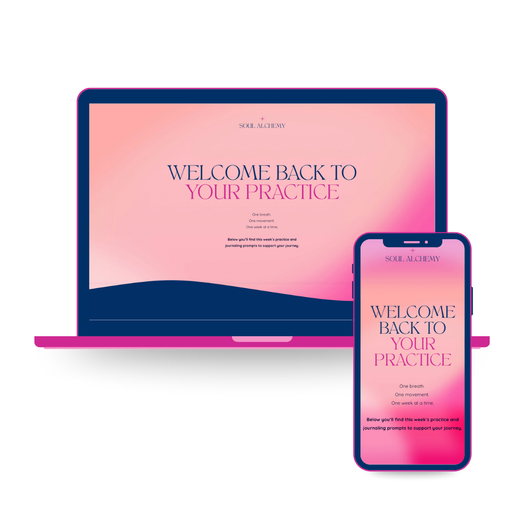 A laptop and smartphone displaying a pink gradient screen with the text 'Welcome Back to Your Practice' and 'Soul Alchemy' at the top. The text encourages the user to reconnect with their practice and mentions journaling prompts. The design is modern and cohesive across devices.